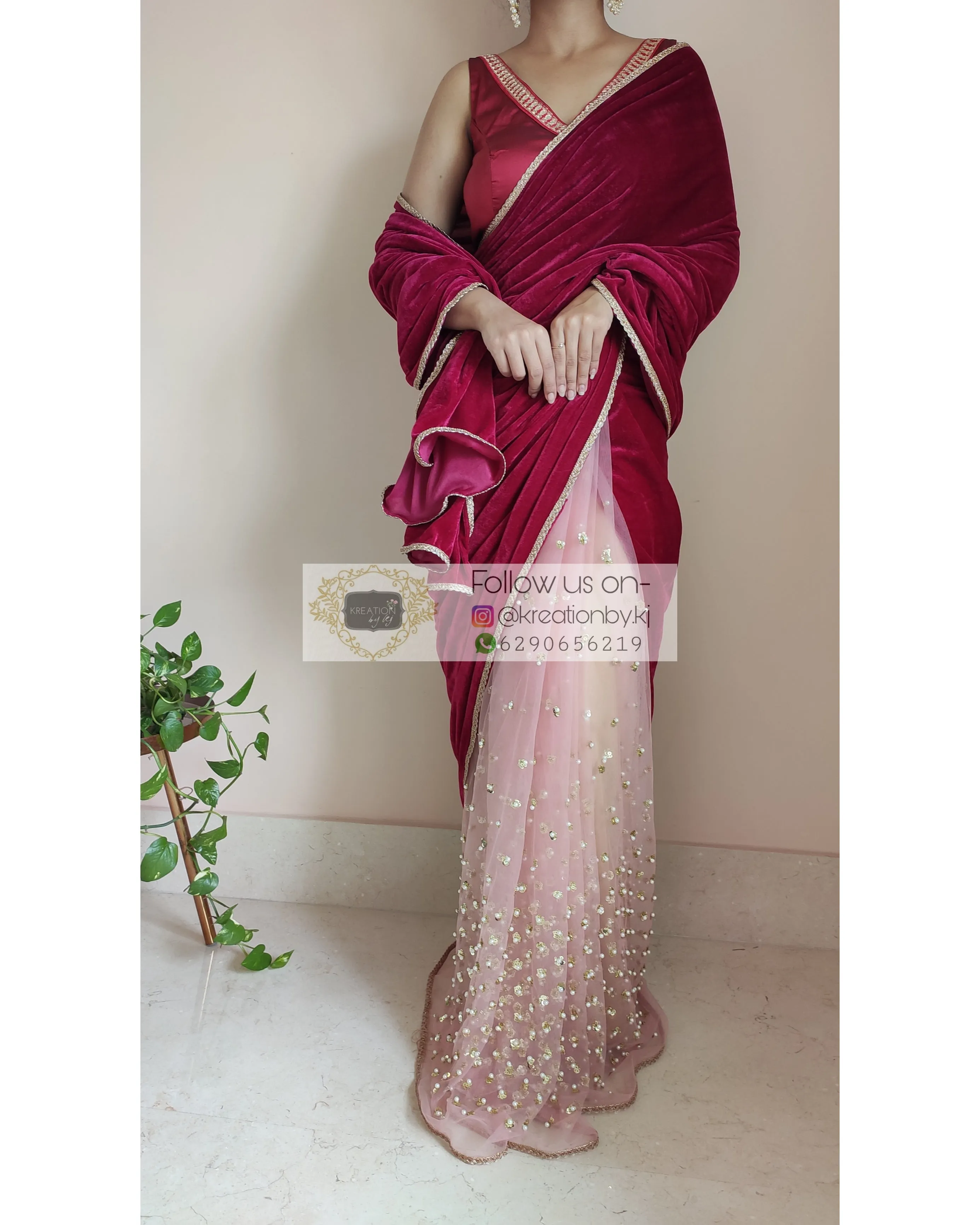 Half Magenta Velvet And Net Embellished Saree