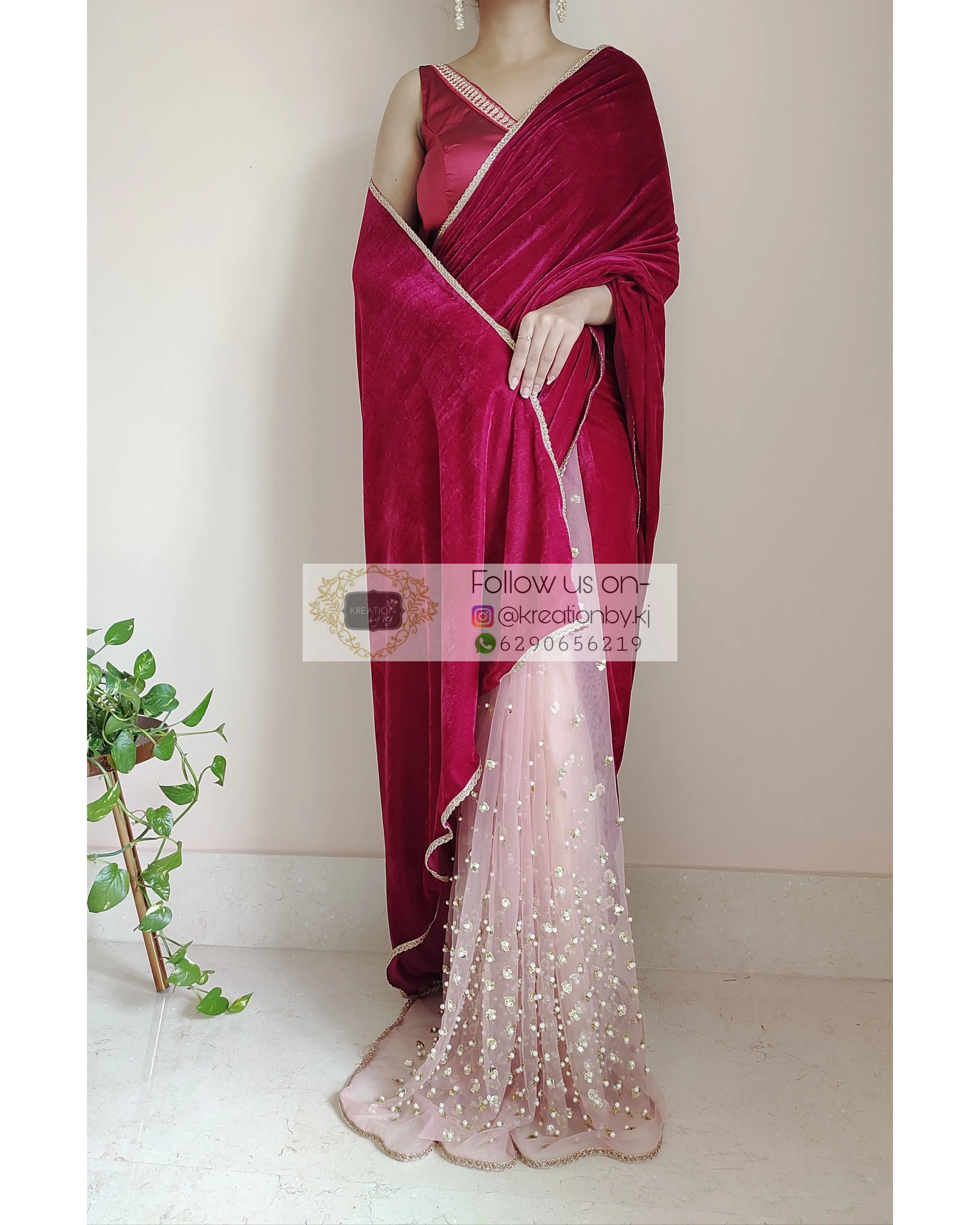 Half Magenta Velvet And Net Embellished Saree