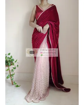 Half Magenta Velvet And Net Embellished Saree