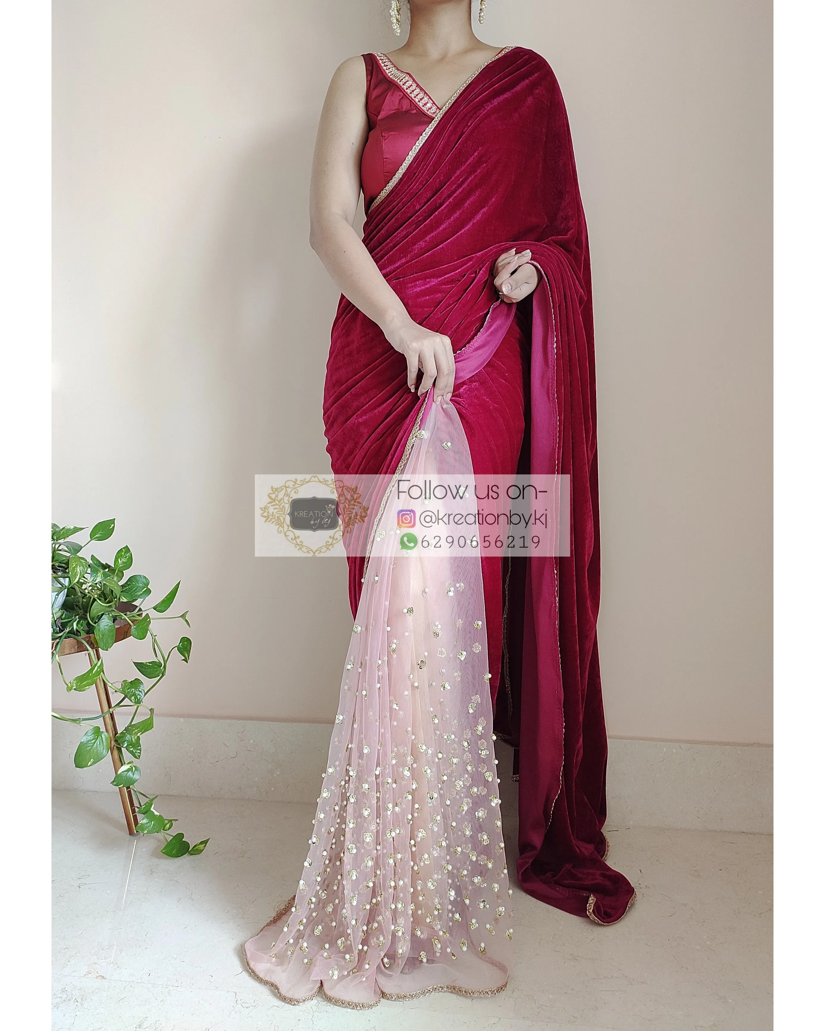 Half Magenta Velvet And Net Embellished Saree