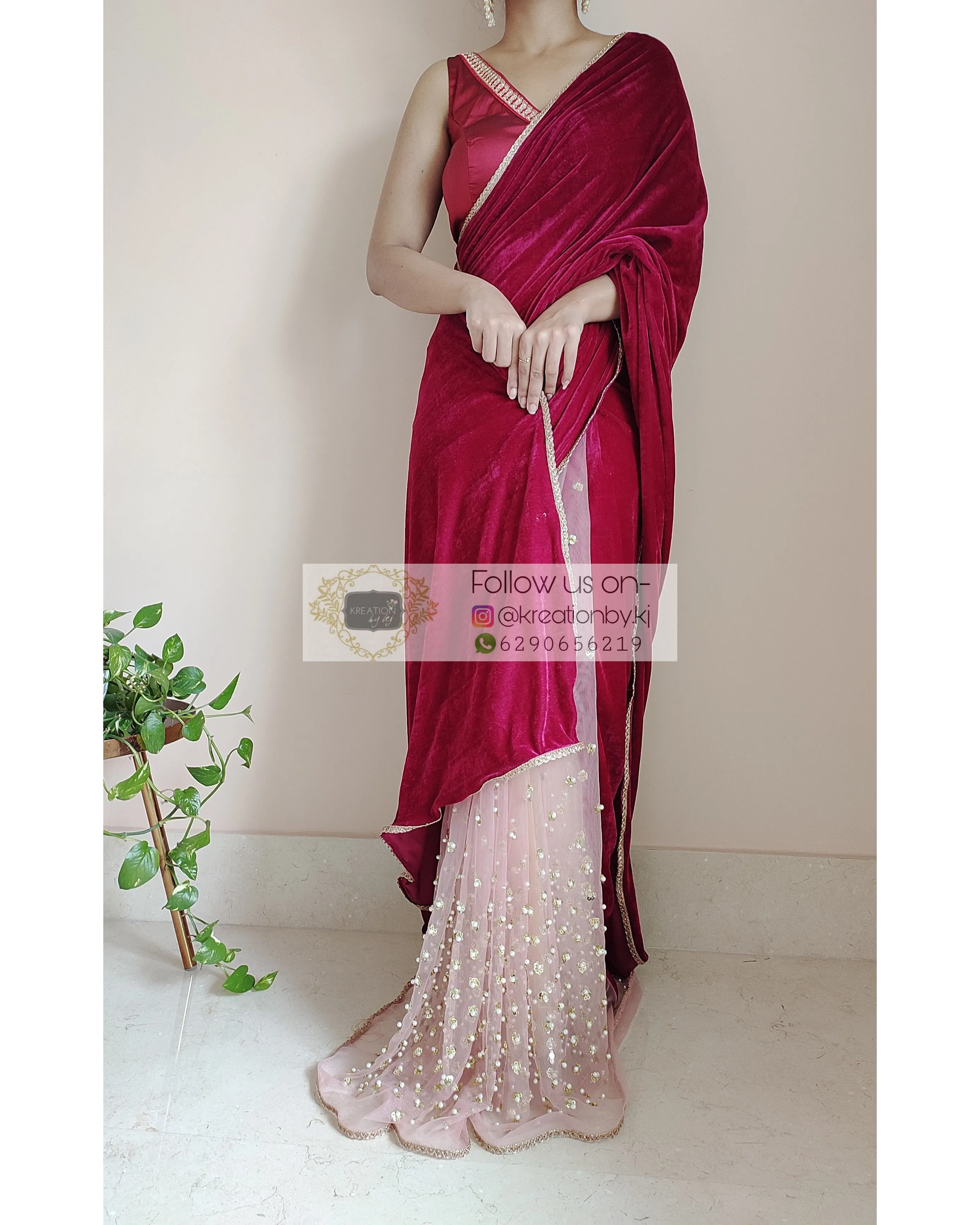 Half Magenta Velvet And Net Embellished Saree