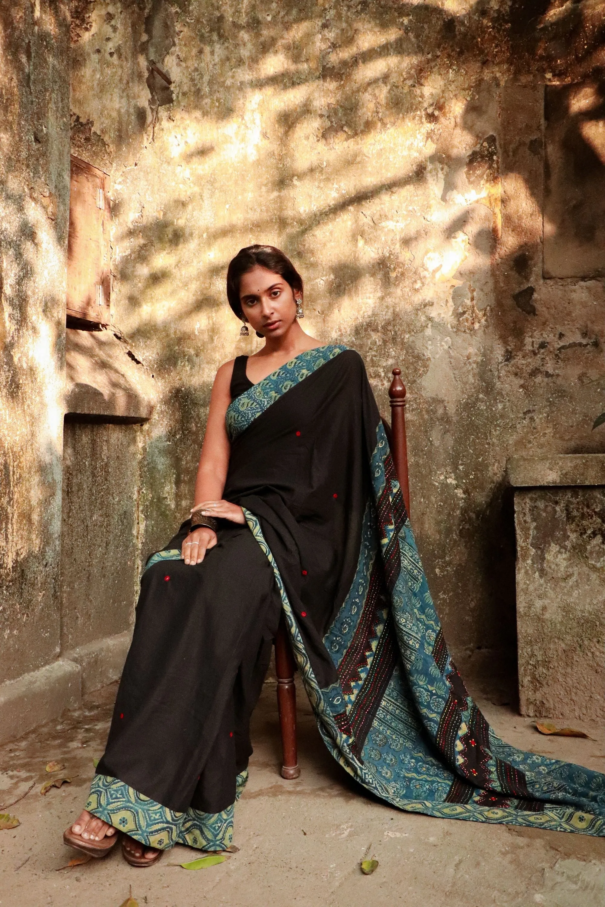 Jharokha -  Blue and Black Ajrakh handblockprinted patchwork Gudri Barmer saree