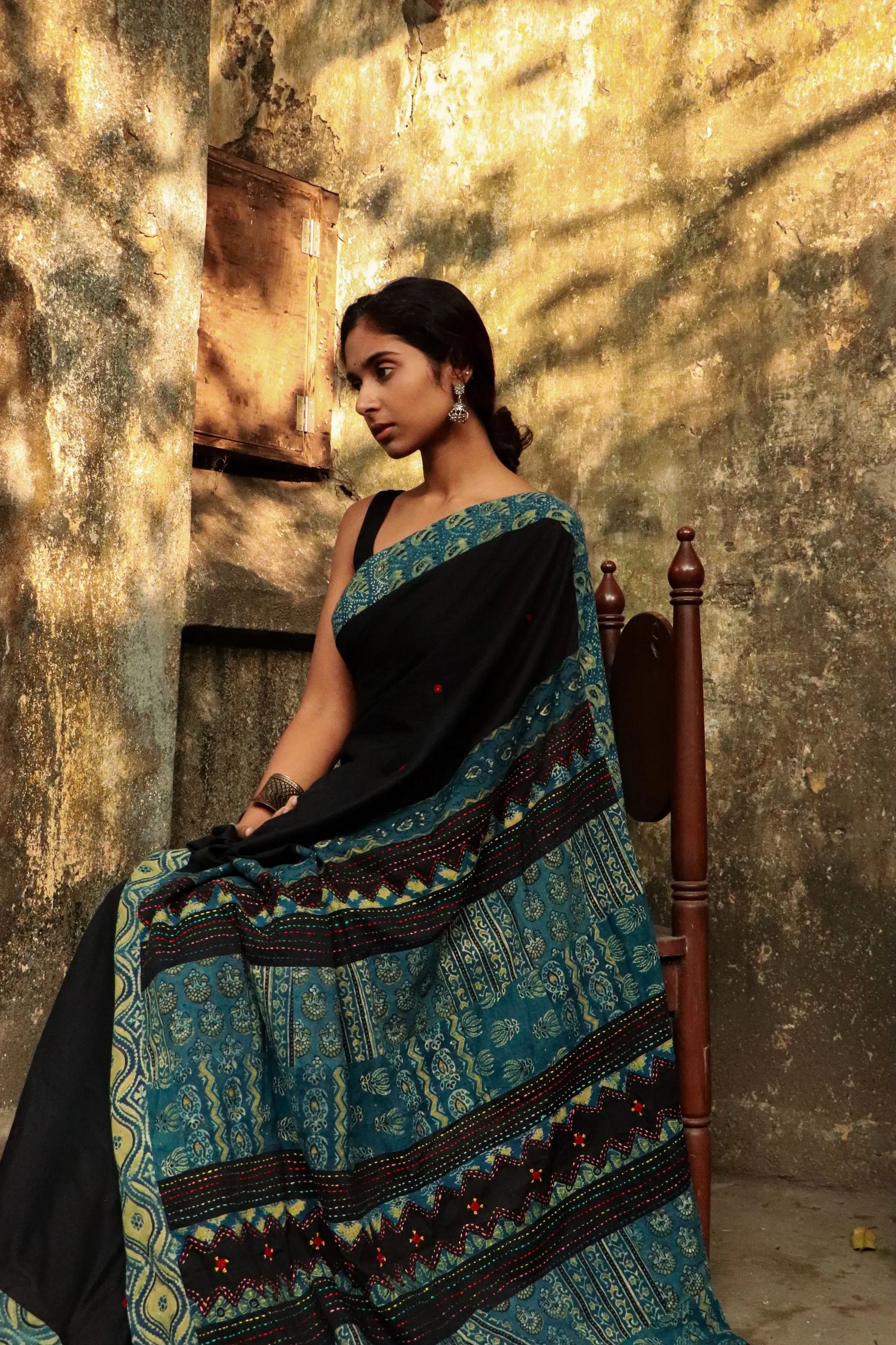 Jharokha -  Blue and Black Ajrakh handblockprinted patchwork Gudri Barmer saree