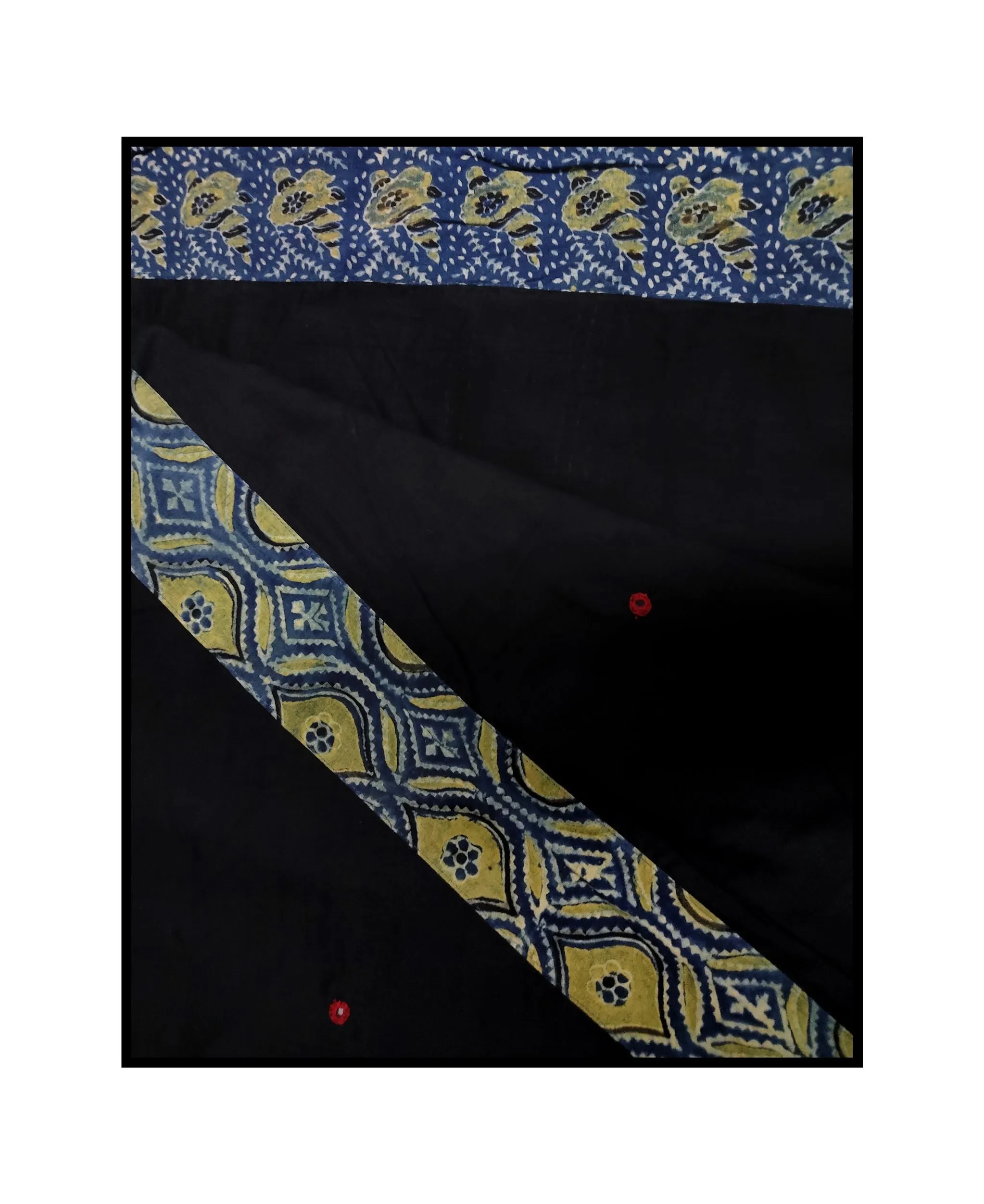 Jharokha -  Blue and Black Ajrakh handblockprinted patchwork Gudri Barmer saree