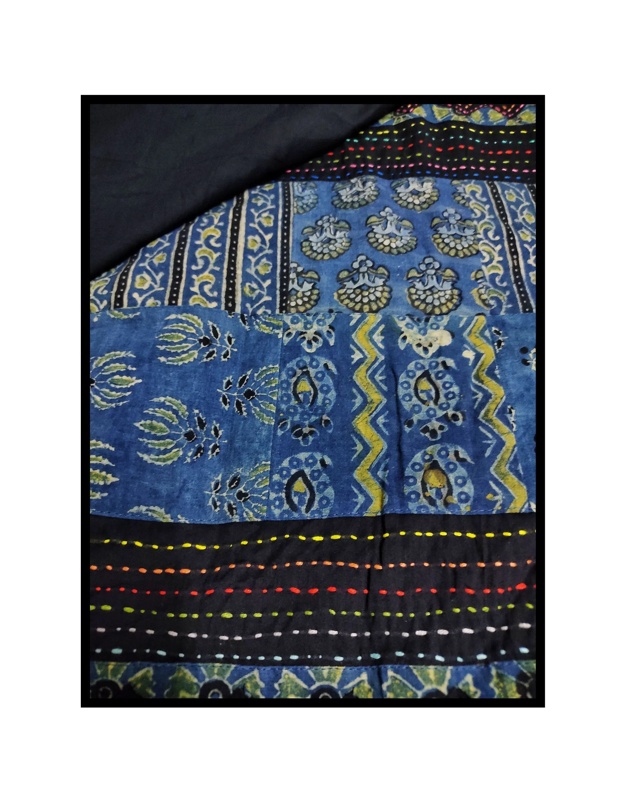 Jharokha -  Blue and Black Ajrakh handblockprinted patchwork Gudri Barmer saree