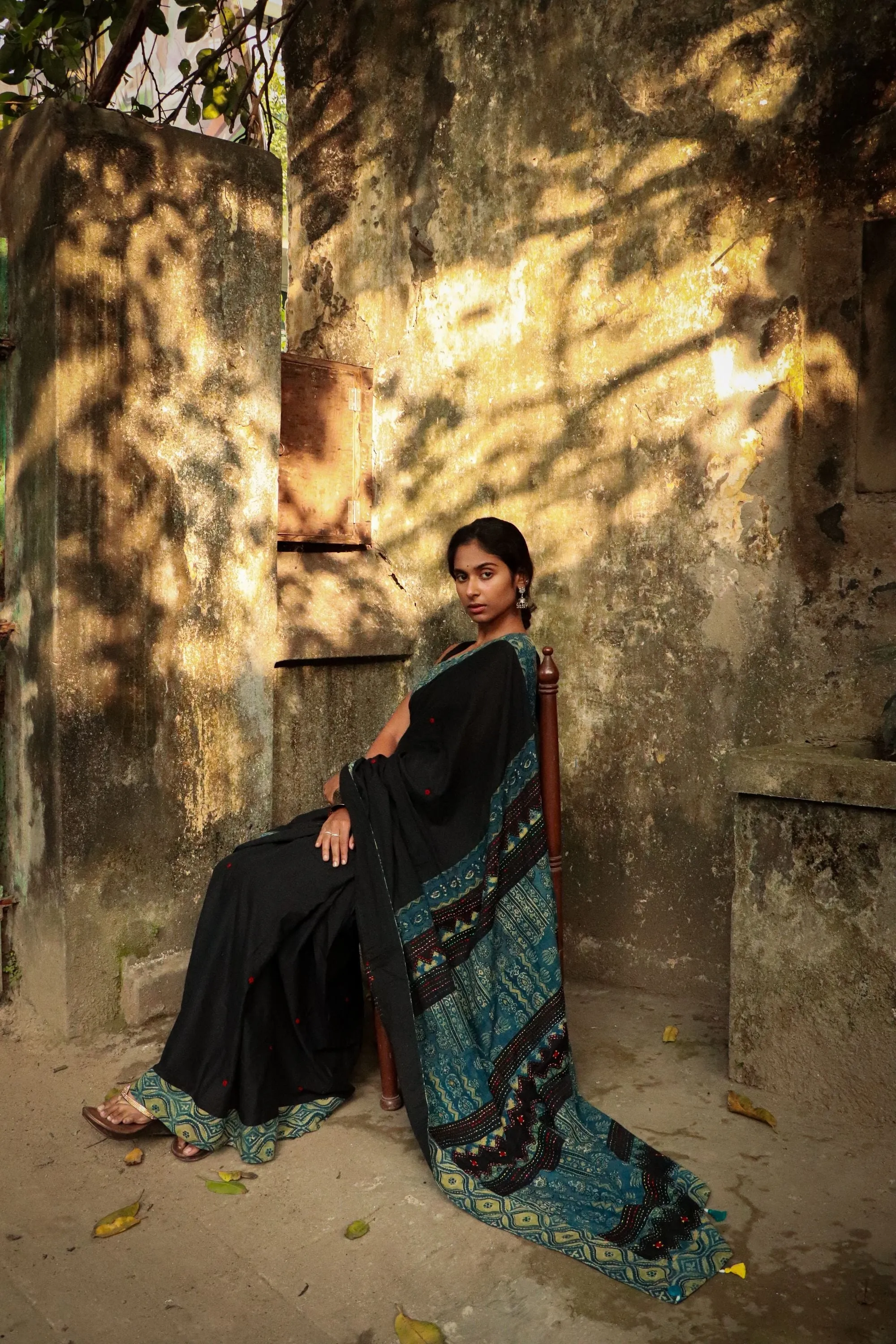 Jharokha -  Blue and Black Ajrakh handblockprinted patchwork Gudri Barmer saree