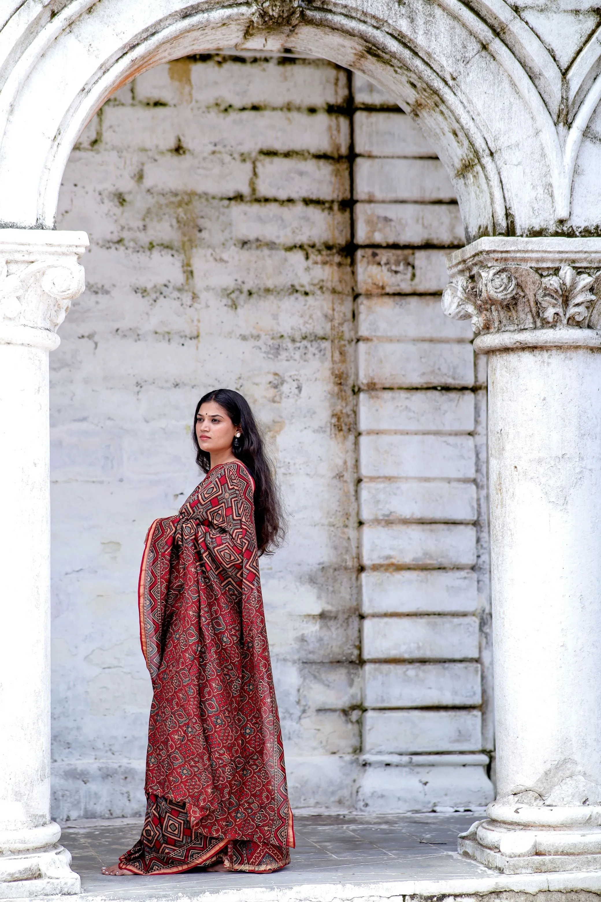 Jharokha - Red and black triangle red striped silk cotton Ajrakh handblockprinted saree