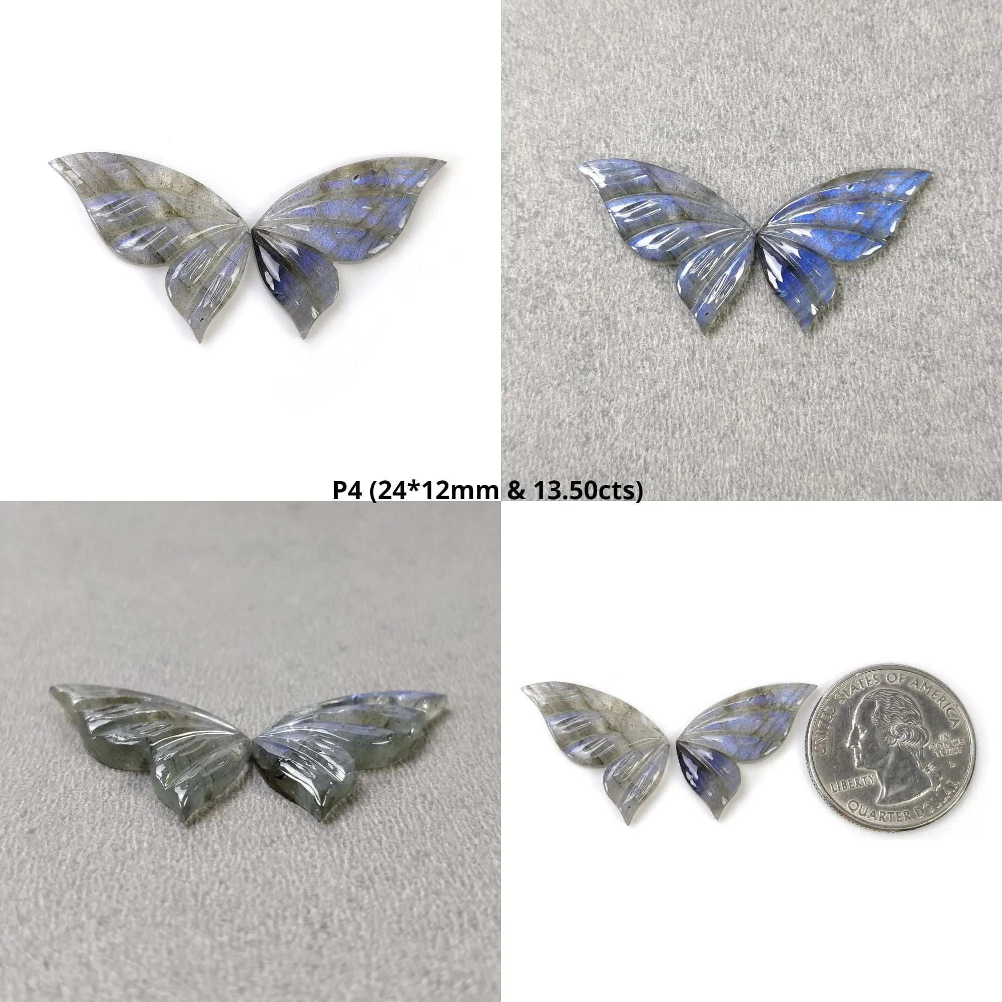 LABRADORITE Gemstone Carving : Natural Untreated Unheated Labradorite Gemstone Hand Carved Butterfly Pair (With Video)