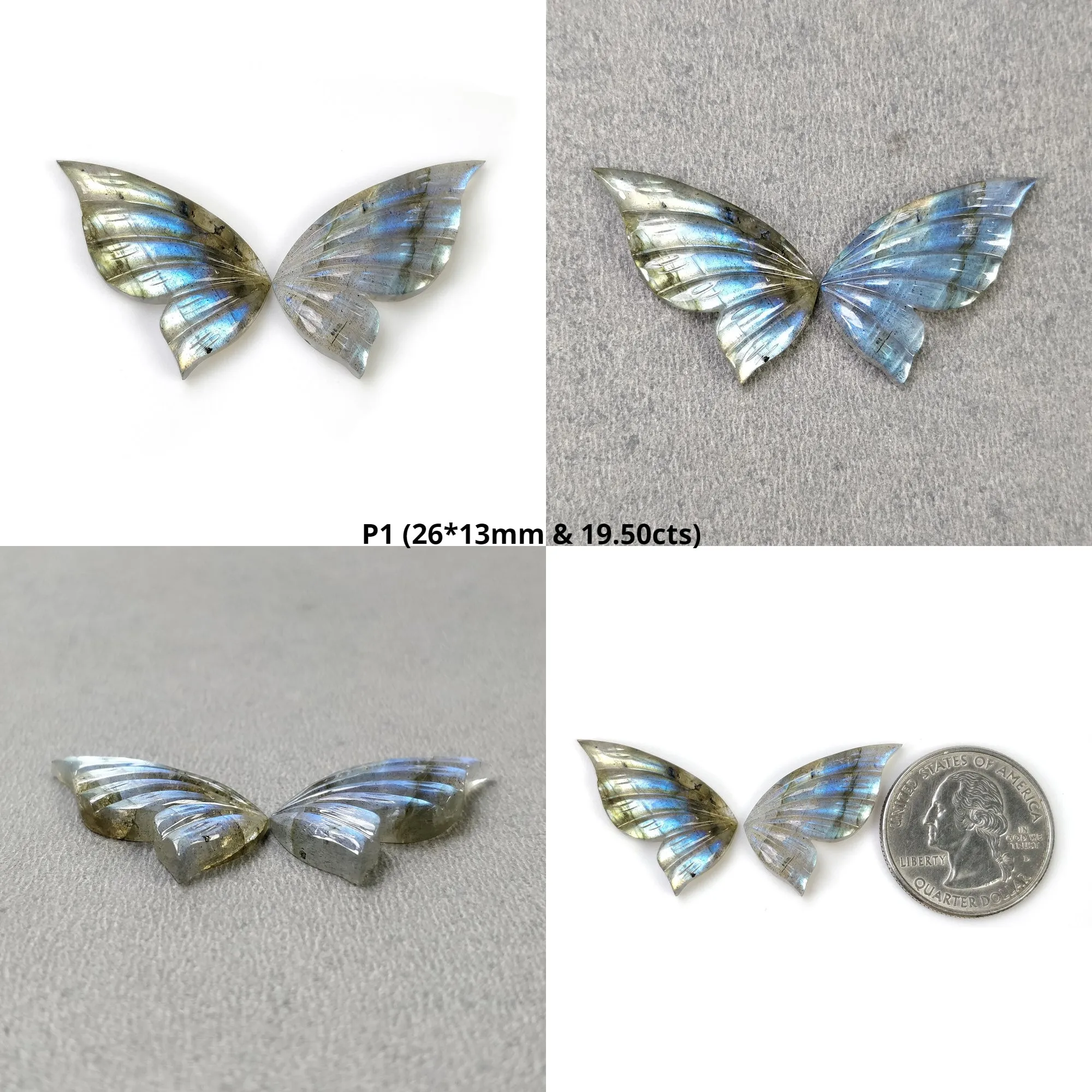 LABRADORITE Gemstone Carving : Natural Untreated Unheated Labradorite Gemstone Hand Carved Butterfly Pair (With Video)