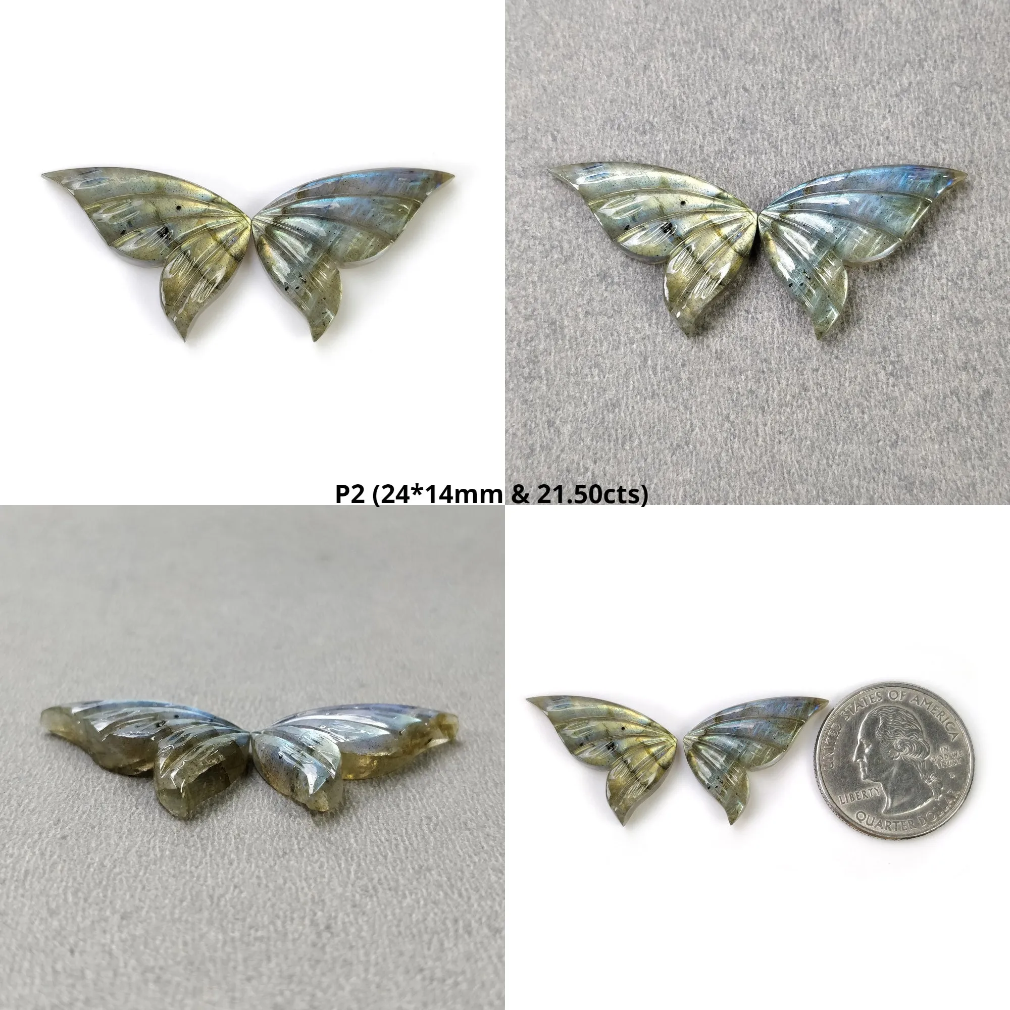 LABRADORITE Gemstone Carving : Natural Untreated Unheated Labradorite Gemstone Hand Carved Butterfly Pair (With Video)