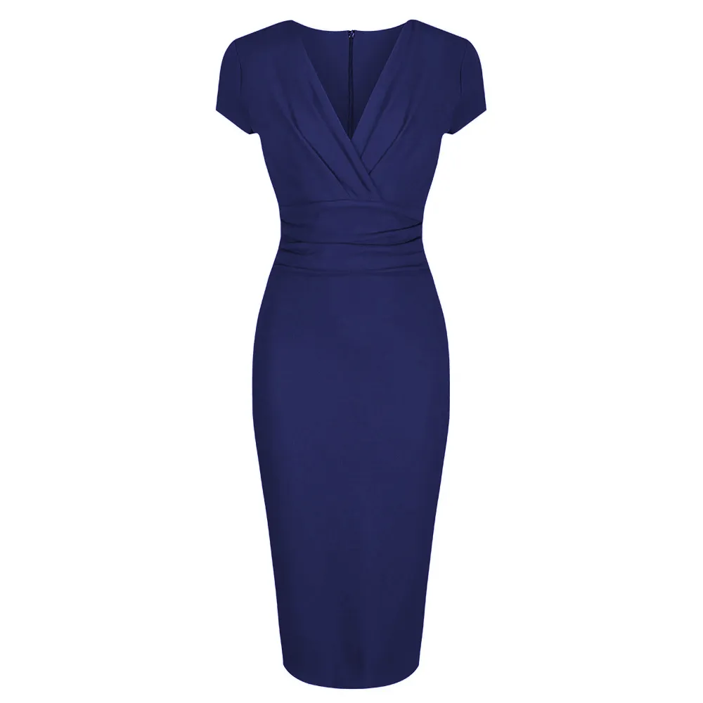 Navy Blue Deep V Cap Sleeve Bodycon Ruched Waist Wiggle Dress