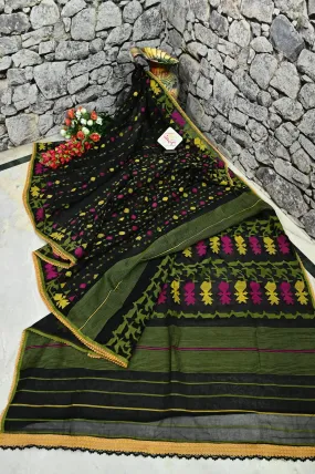 Onyx Black and Multicolor Pure Bangladeshi Jamdani Saree with Allover Weaving