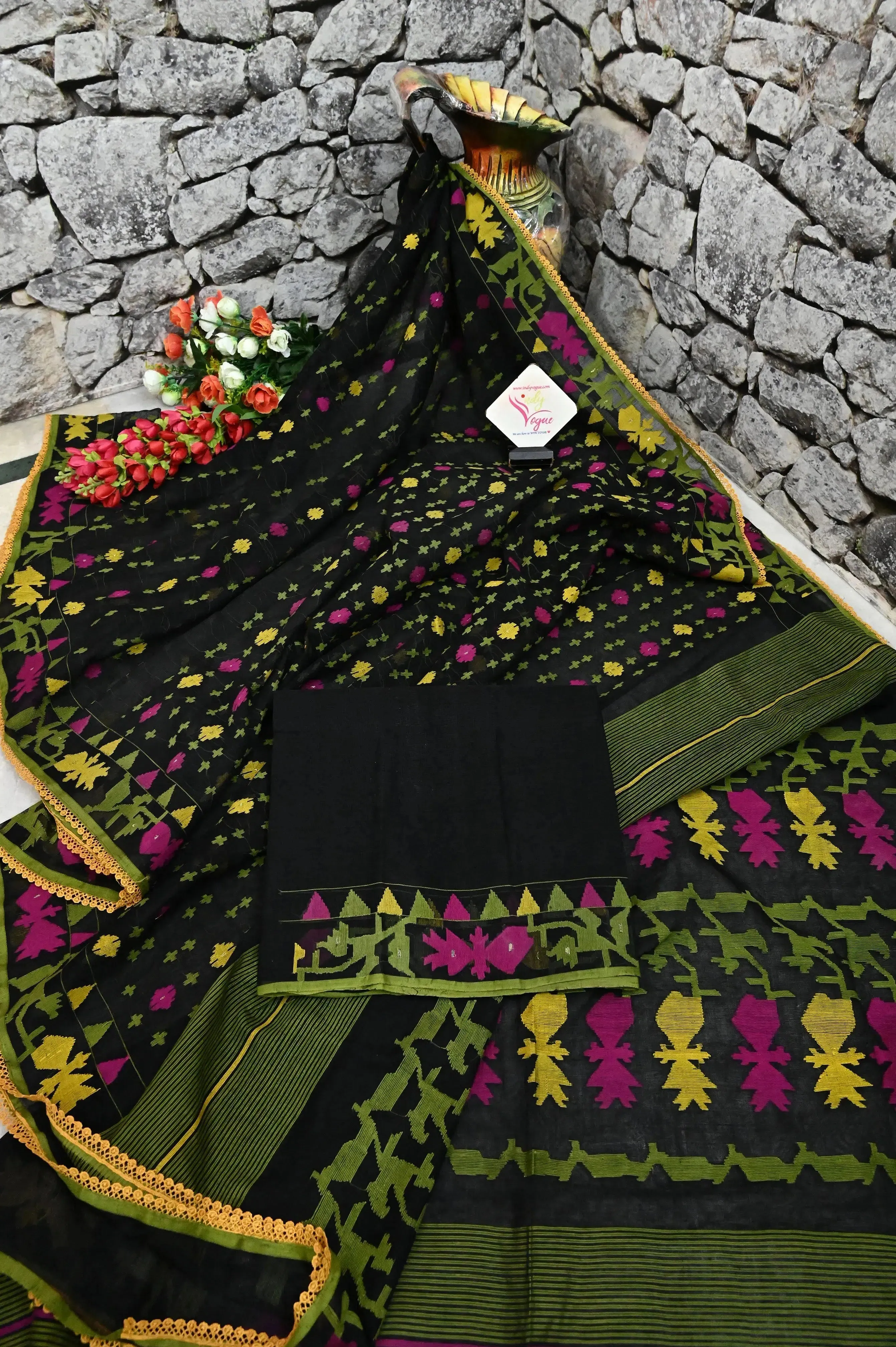 Onyx Black and Multicolor Pure Bangladeshi Jamdani Saree with Allover Weaving