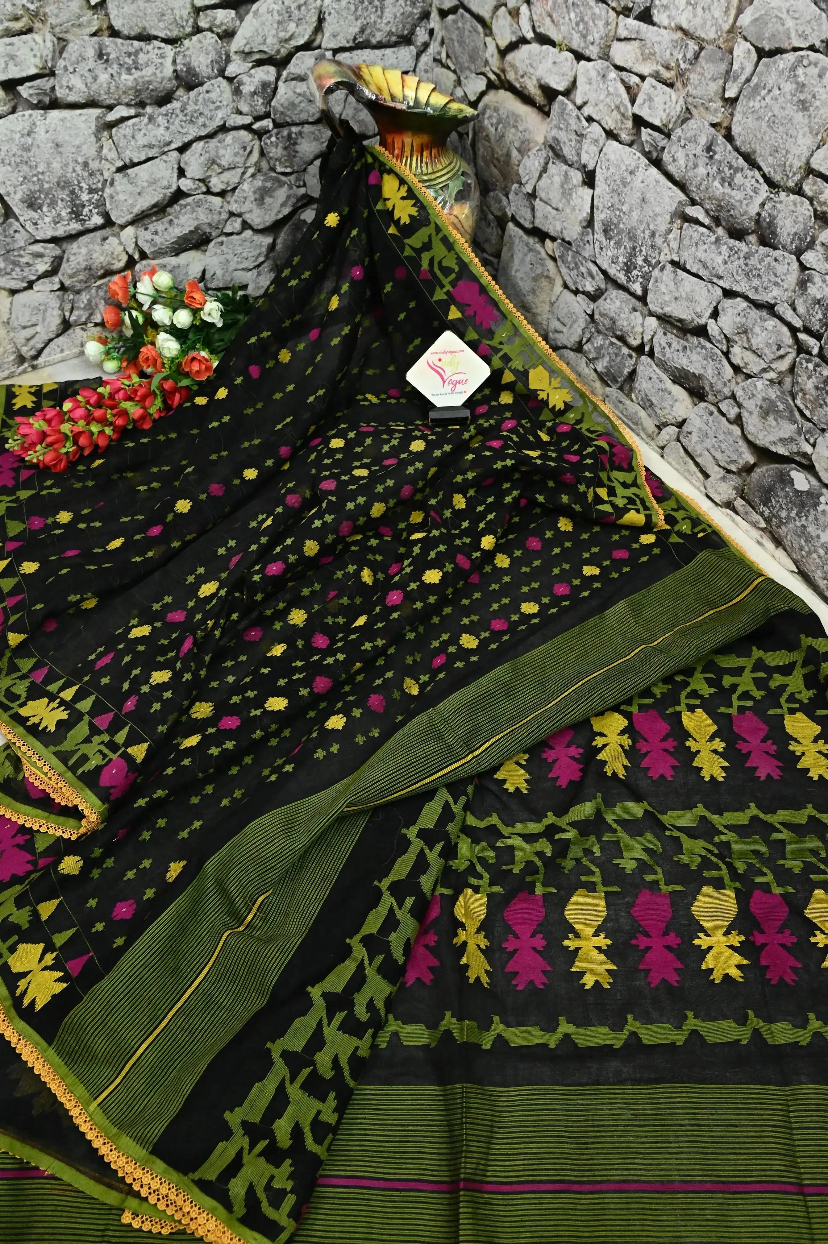 Onyx Black and Multicolor Pure Bangladeshi Jamdani Saree with Allover Weaving