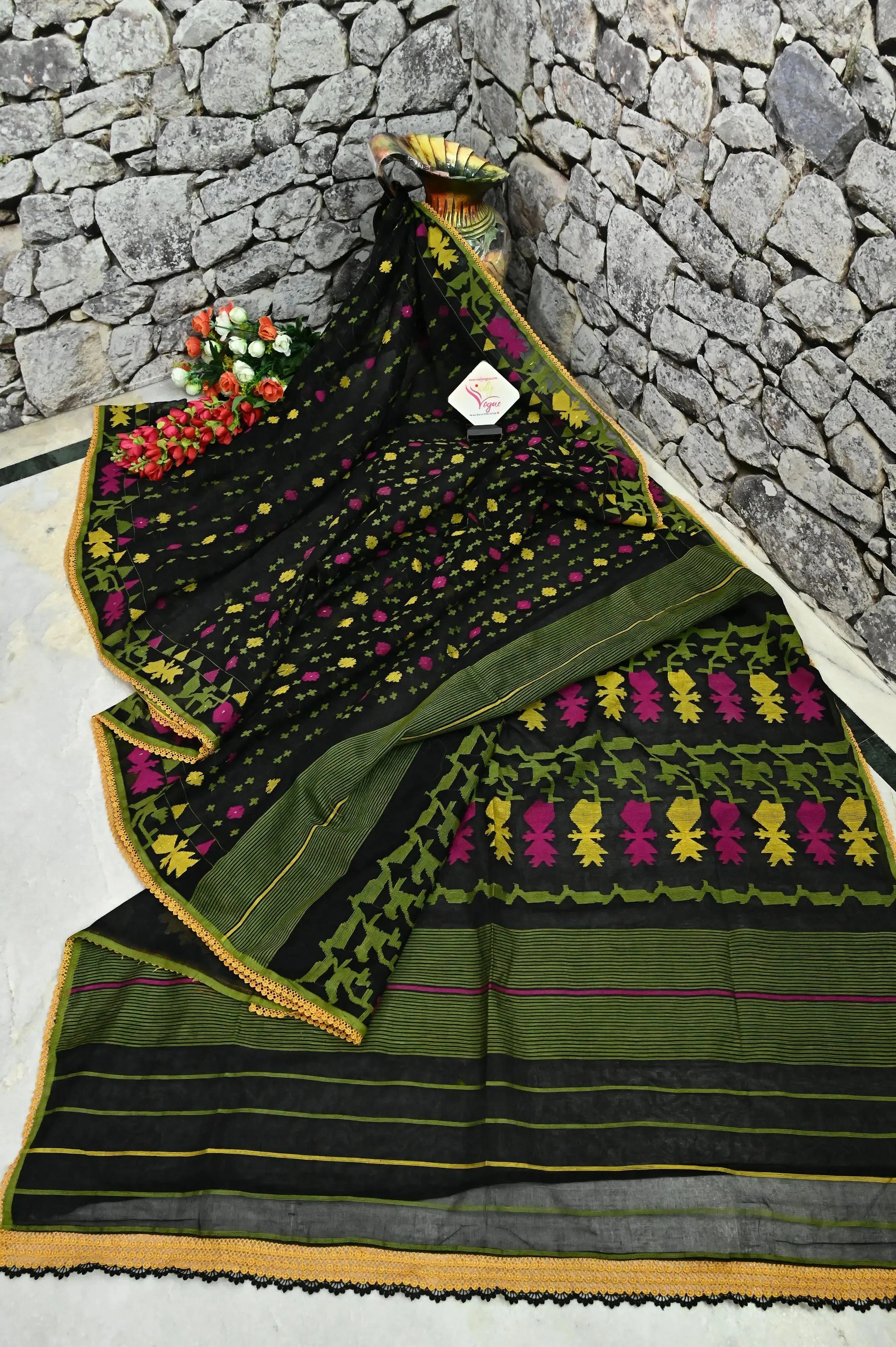 Onyx Black and Multicolor Pure Bangladeshi Jamdani Saree with Allover Weaving