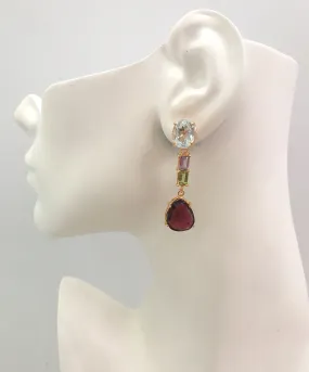 Oval Faceted Blue Topaz Studs with Amethyst, Peridot and Rose cut Rhodolite Garnet Twinset Earrings