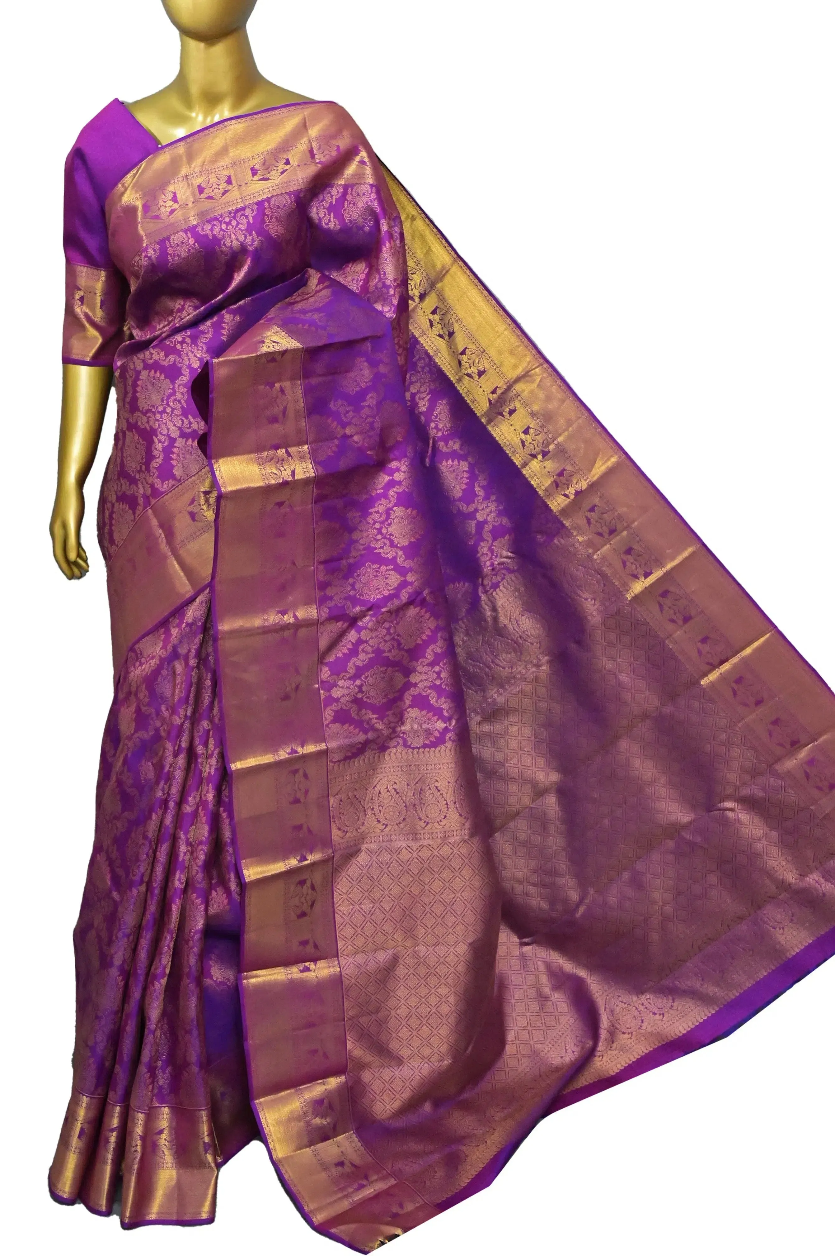 Purple Color Pure Jangla Kanjeevaram Silk Saree with Pure Gold Zari Weaving