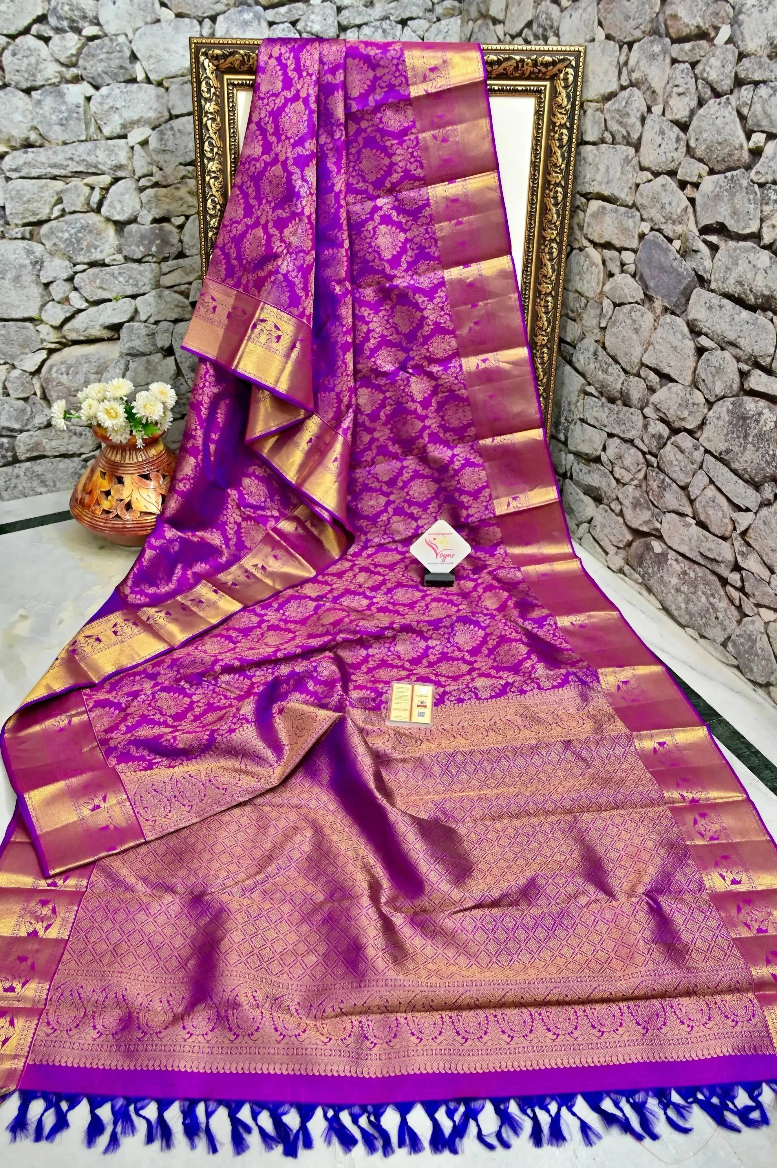 Purple Color Pure Jangla Kanjeevaram Silk Saree with Pure Gold Zari Weaving