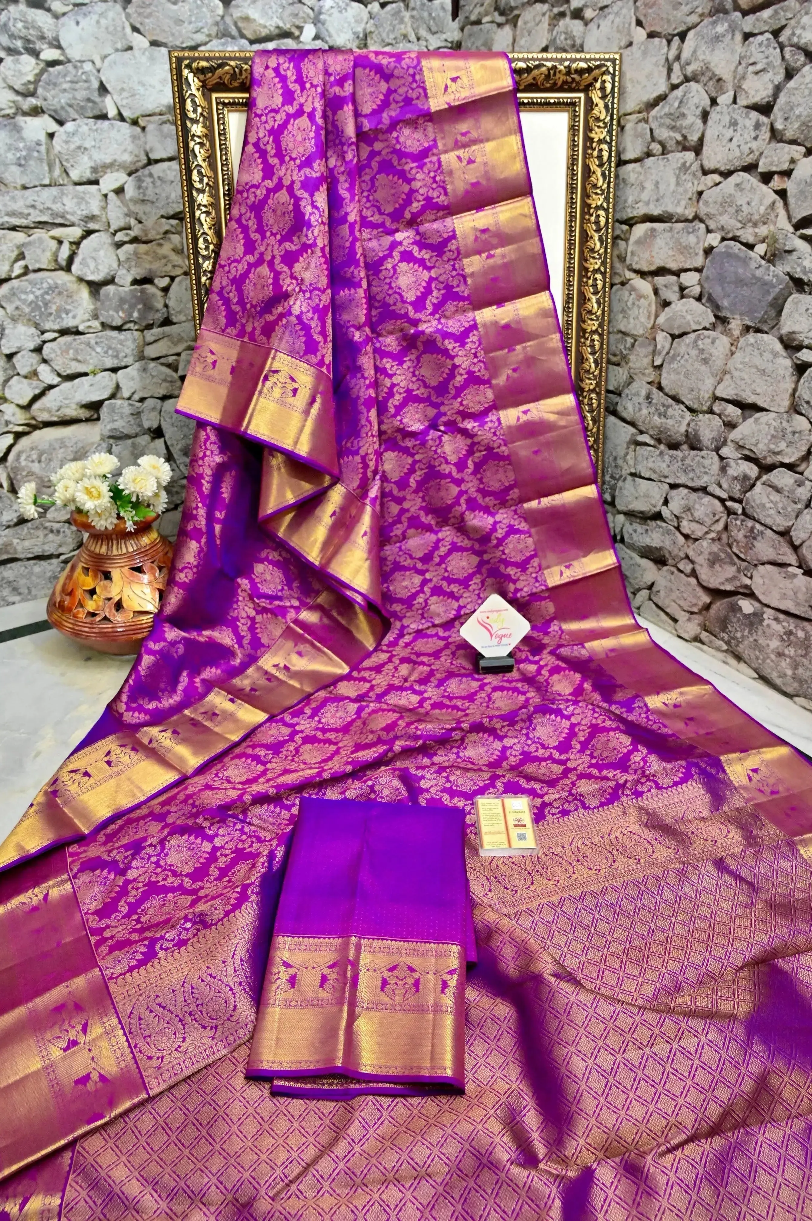 Purple Color Pure Jangla Kanjeevaram Silk Saree with Pure Gold Zari Weaving