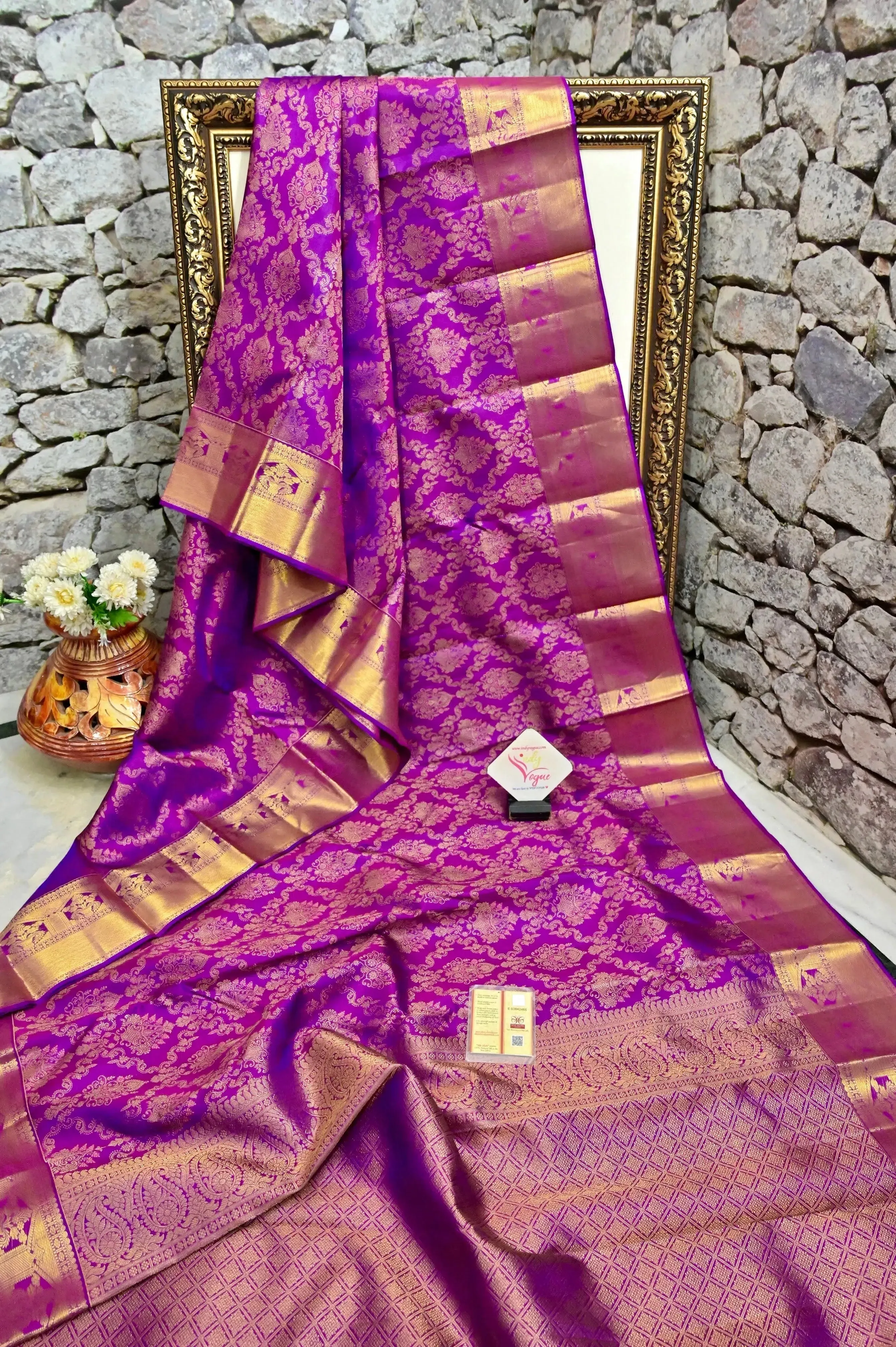 Purple Color Pure Jangla Kanjeevaram Silk Saree with Pure Gold Zari Weaving