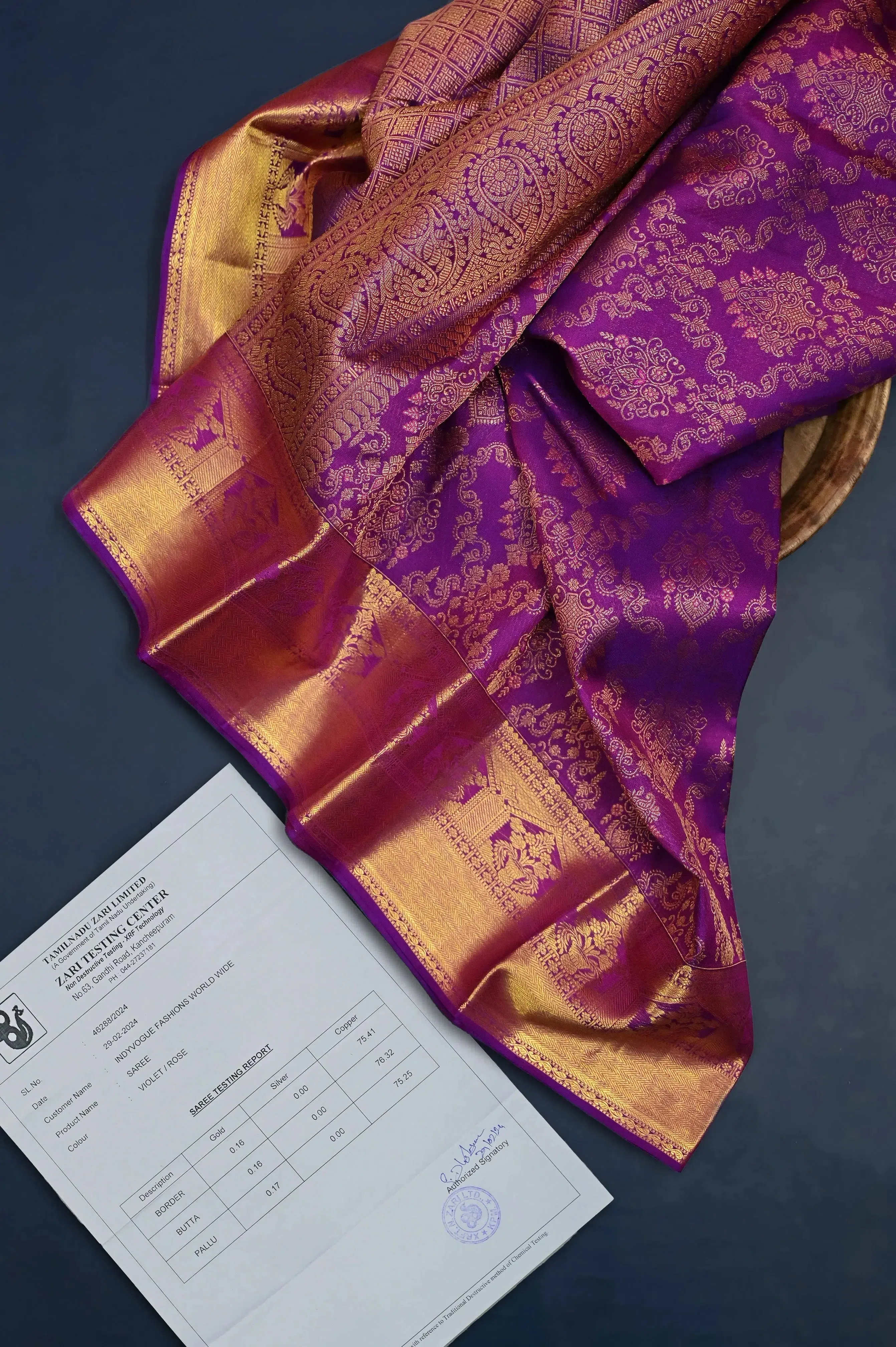 Purple Color Pure Jangla Kanjeevaram Silk Saree with Pure Gold Zari Weaving