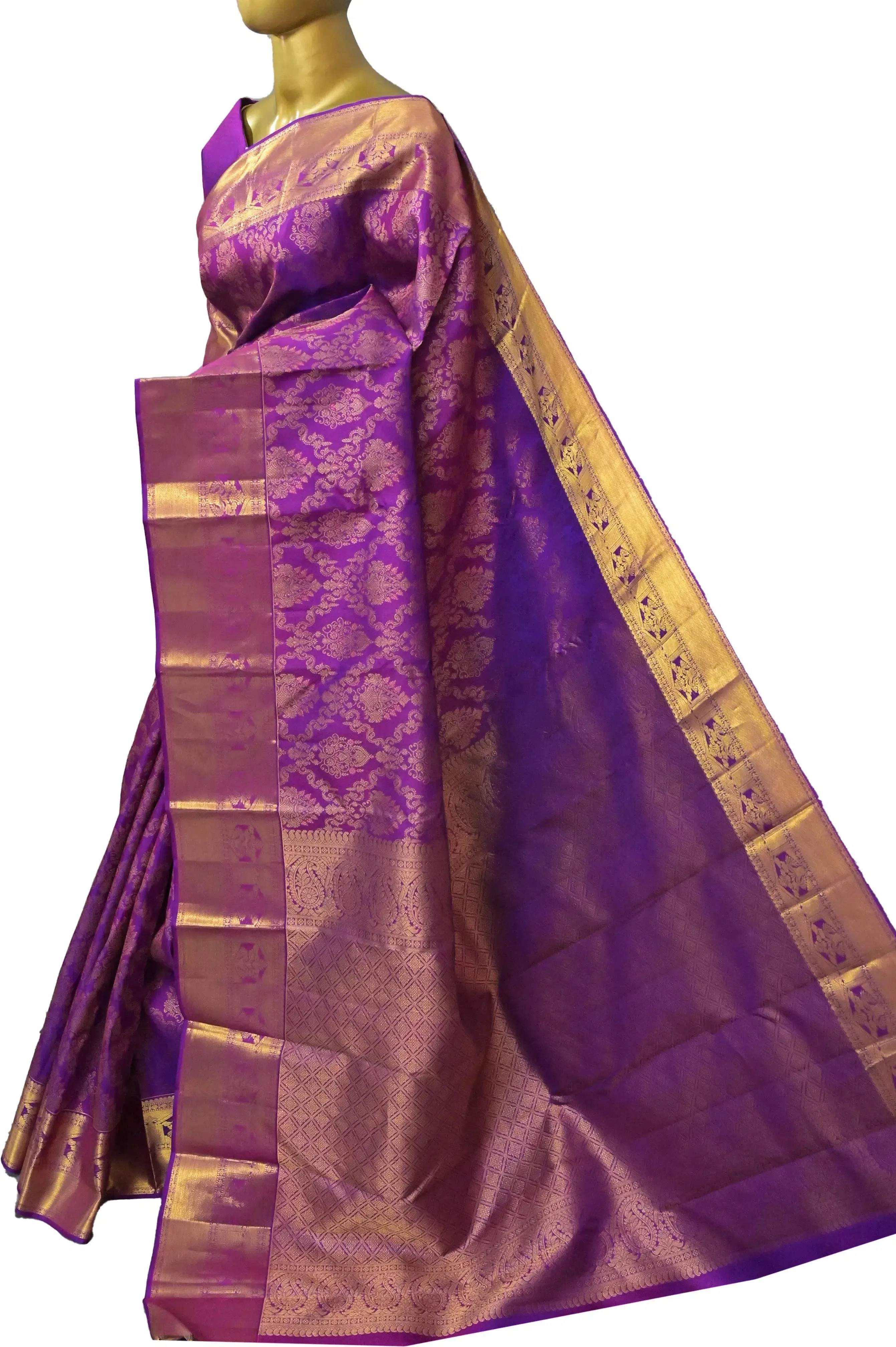 Purple Color Pure Jangla Kanjeevaram Silk Saree with Pure Gold Zari Weaving