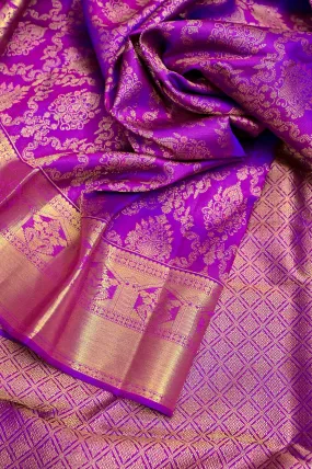 Purple Color Pure Jangla Kanjeevaram Silk Saree with Pure Gold Zari Weaving