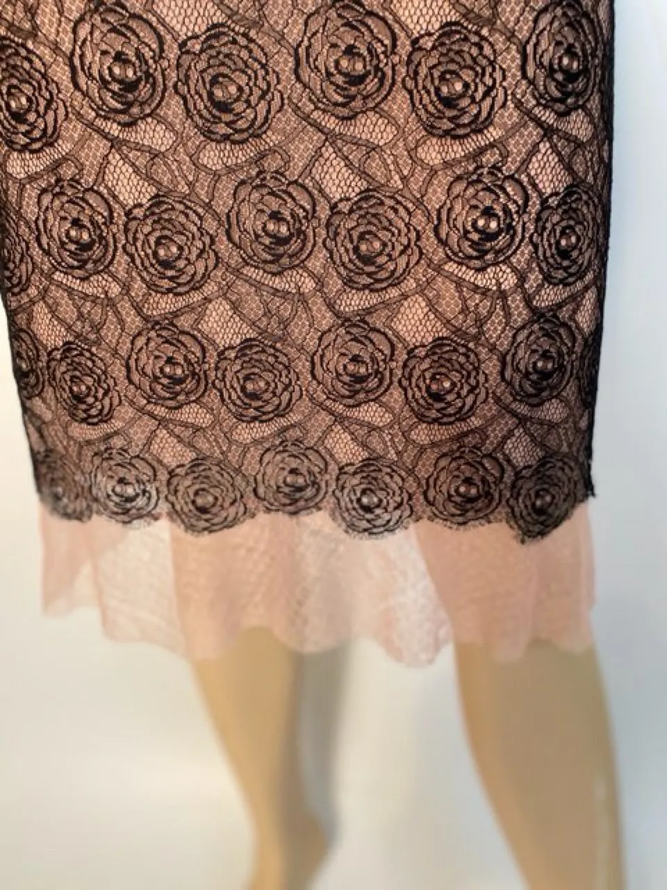 Rare Chanel 03P, 2003 Spring Camellia Flower Pink Black Lace Satin Blouse with matching Skirt Set FR 36 US 4