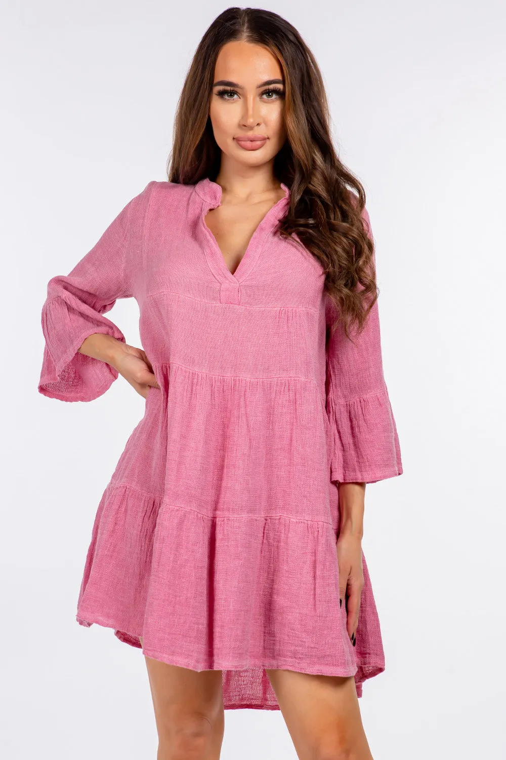 Raw Moda Italian V neck Linen Ruffle Dress