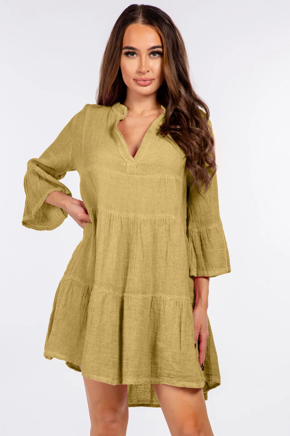 Raw Moda Italian V neck Linen Ruffle Dress