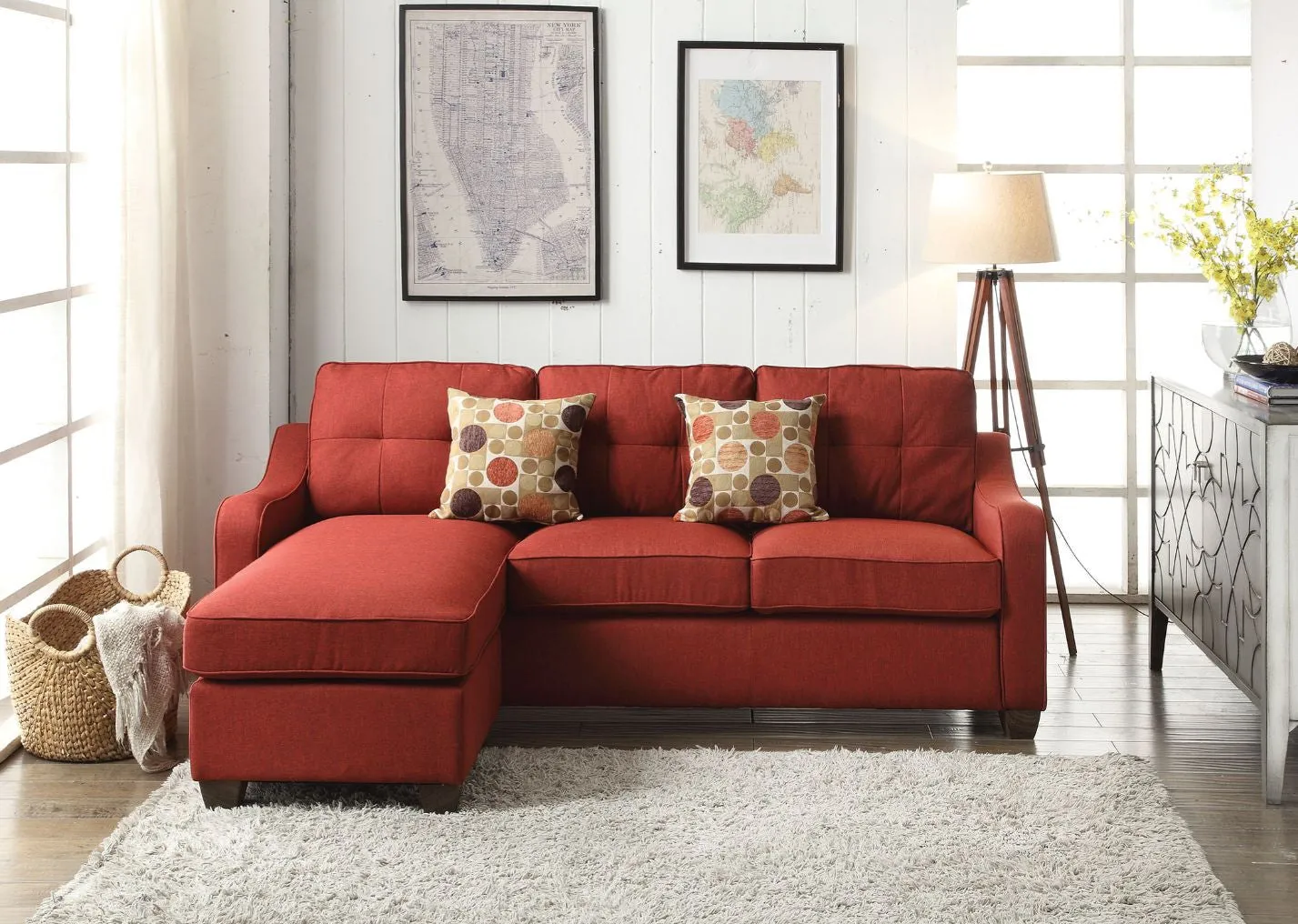 Red Linen L Shaped Sofa and Chaise