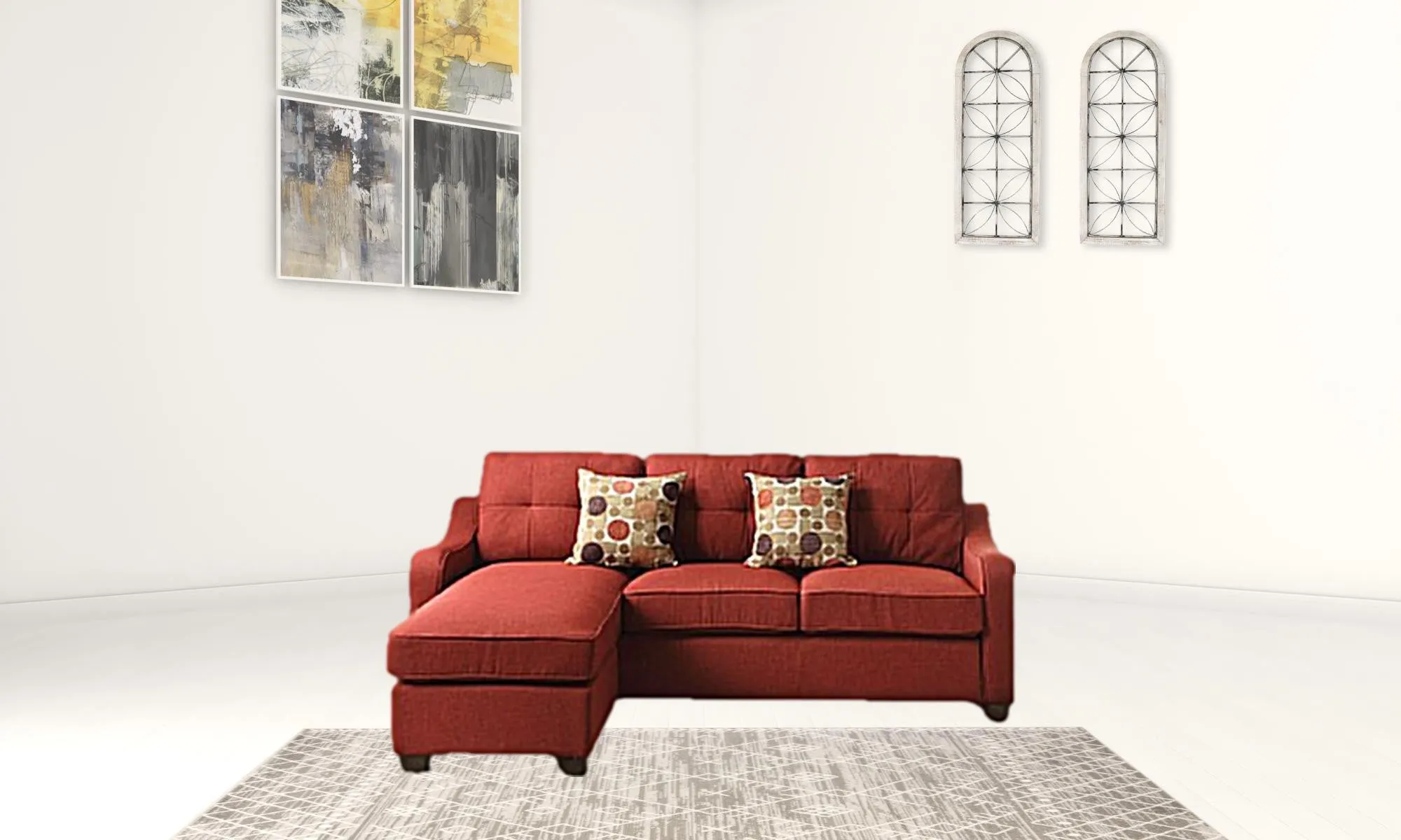 Red Linen L Shaped Sofa and Chaise