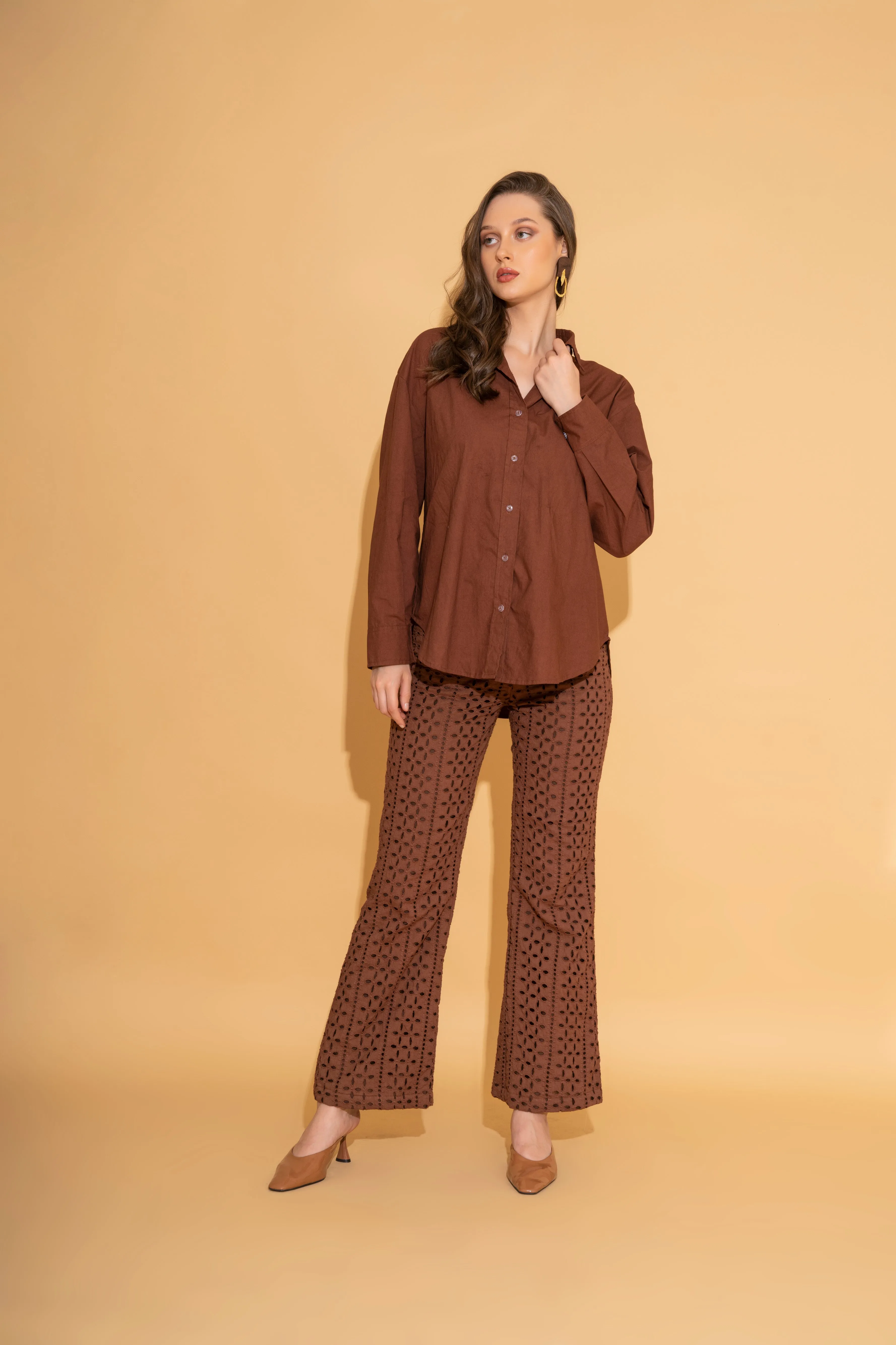 Rust Schiffli Pants and Poplin Shirt Co-ord Set