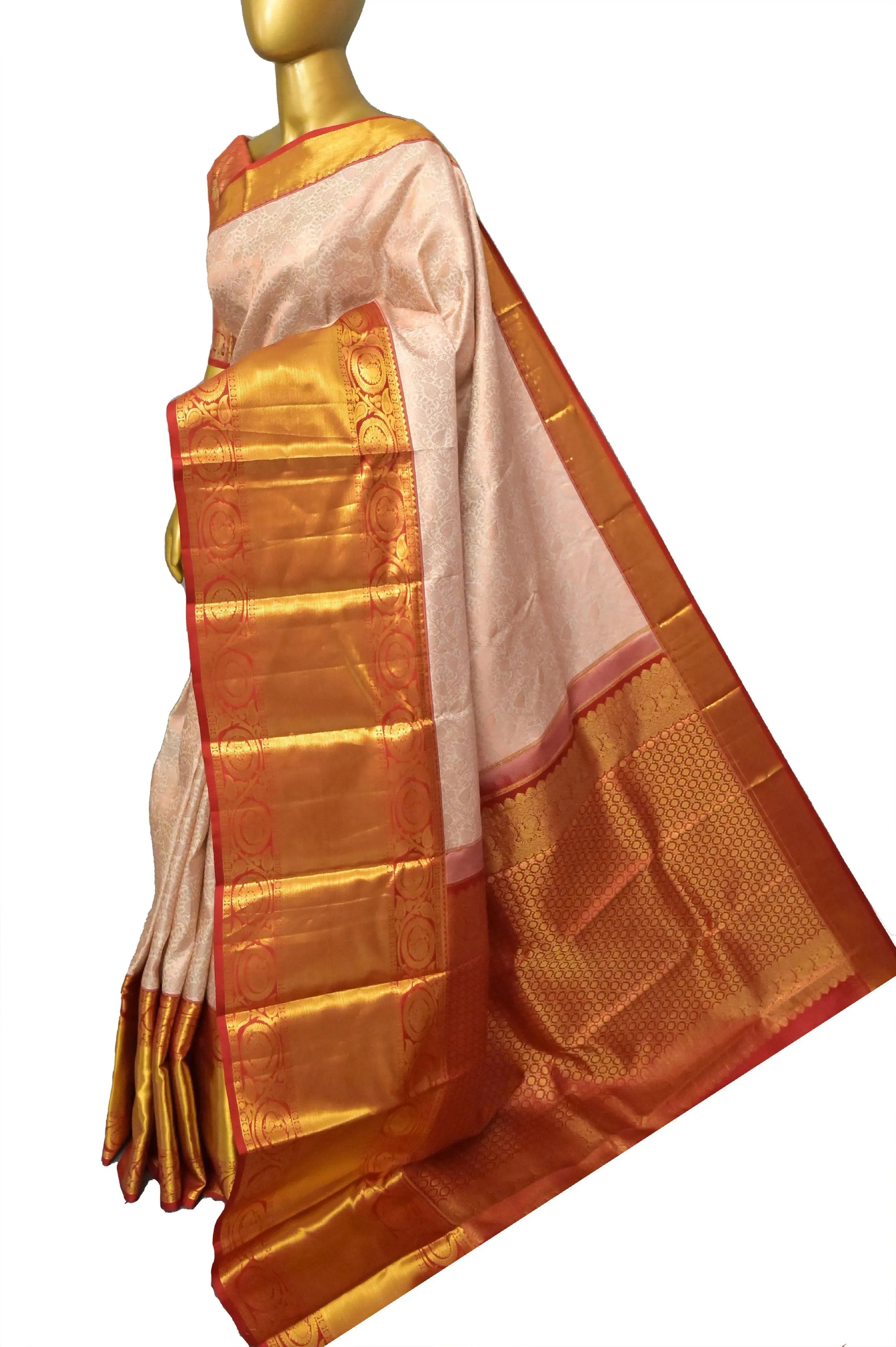 Salmon Offwhite Color Pure Brocade Kanjeevaram Silk Saree