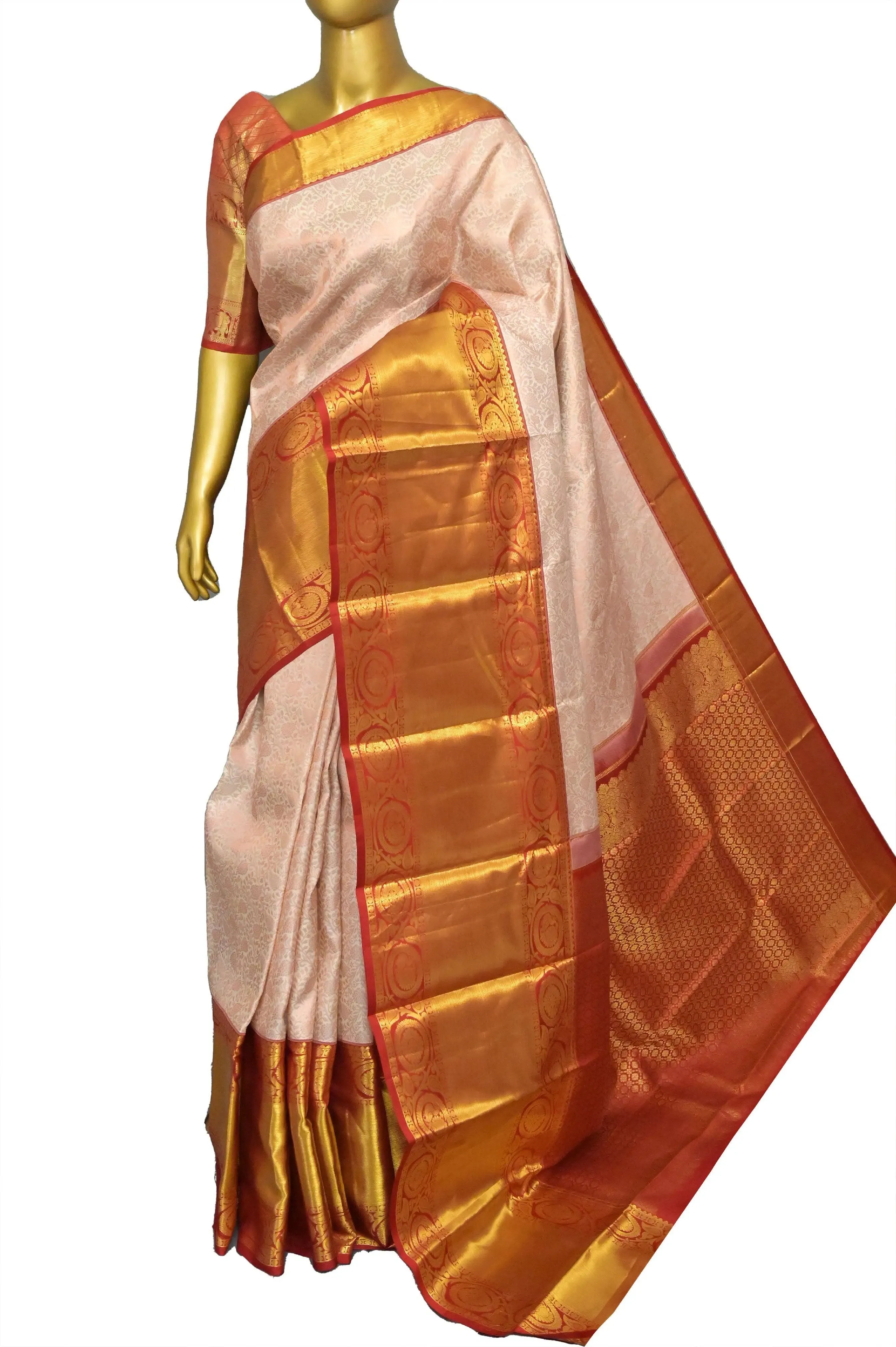 Salmon Offwhite Color Pure Brocade Kanjeevaram Silk Saree