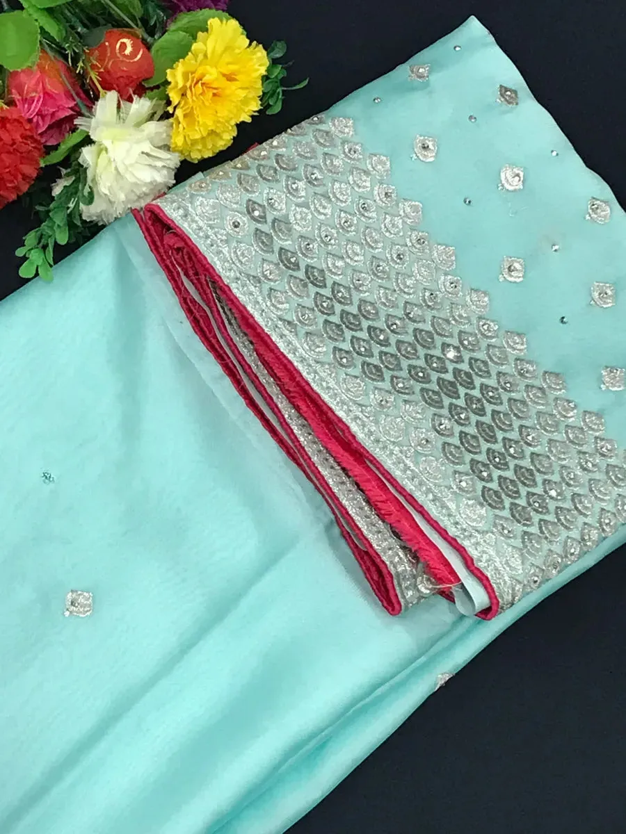 Sky Blue Color Banarasi Party Wear Saree With Silver Thread Embroidery Work