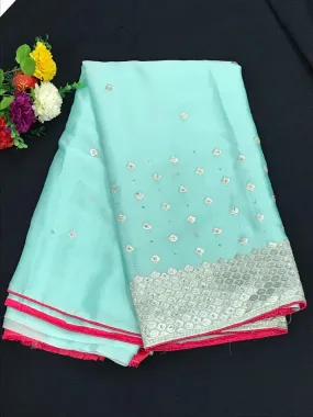 Sky Blue Color Banarasi Party Wear Saree With Silver Thread Embroidery Work