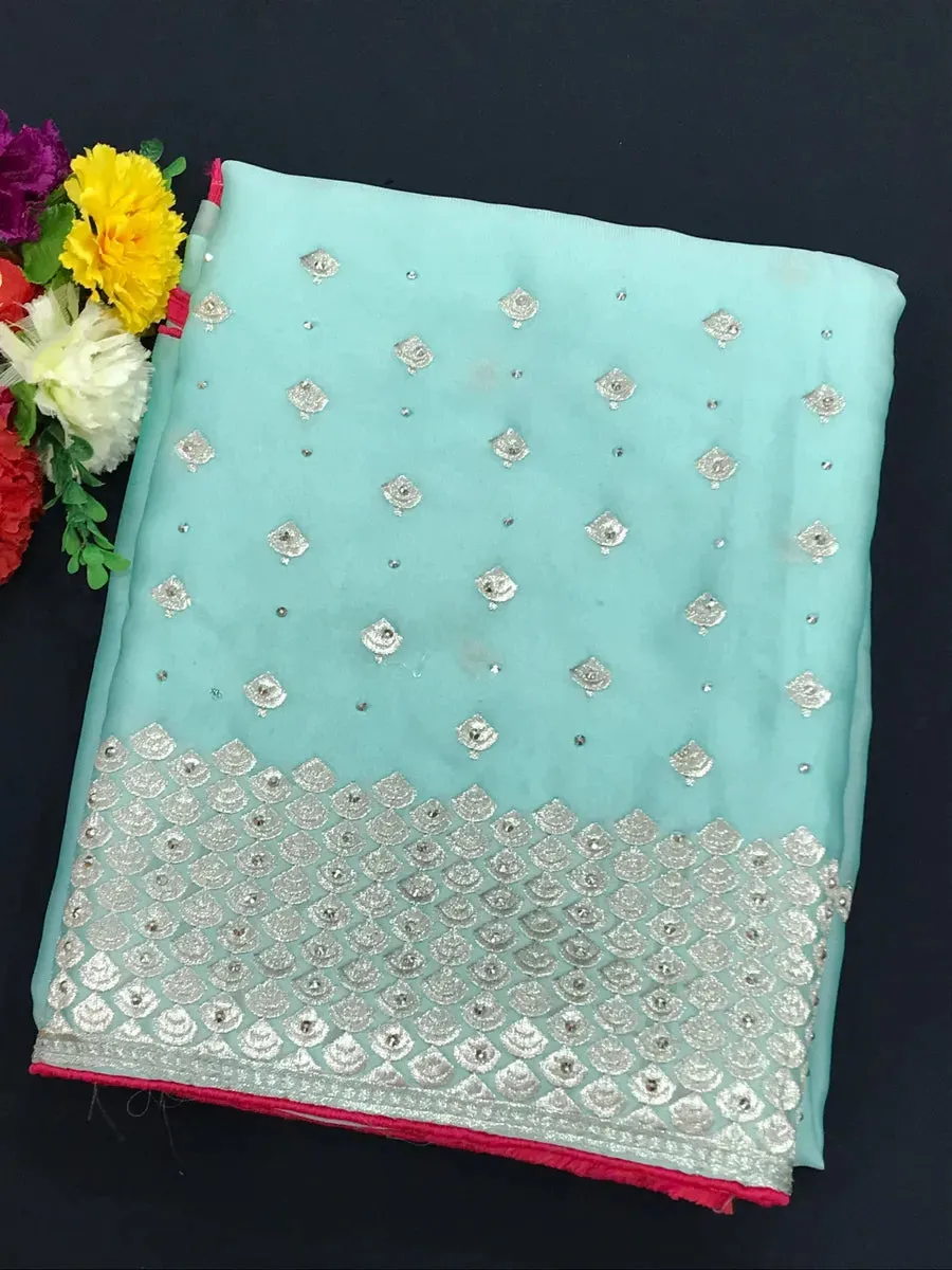 Sky Blue Color Banarasi Party Wear Saree With Silver Thread Embroidery Work