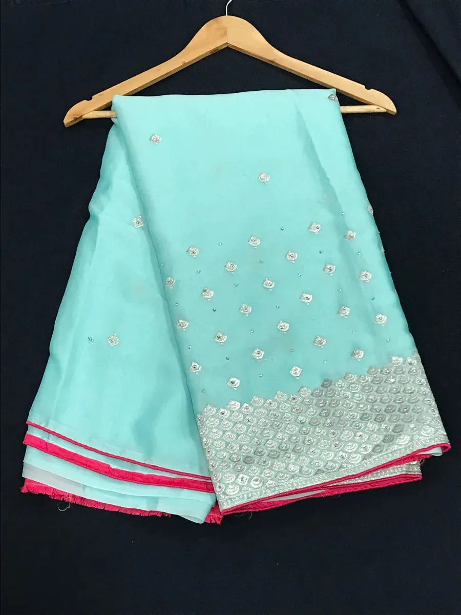 Sky Blue Color Banarasi Party Wear Saree With Silver Thread Embroidery Work