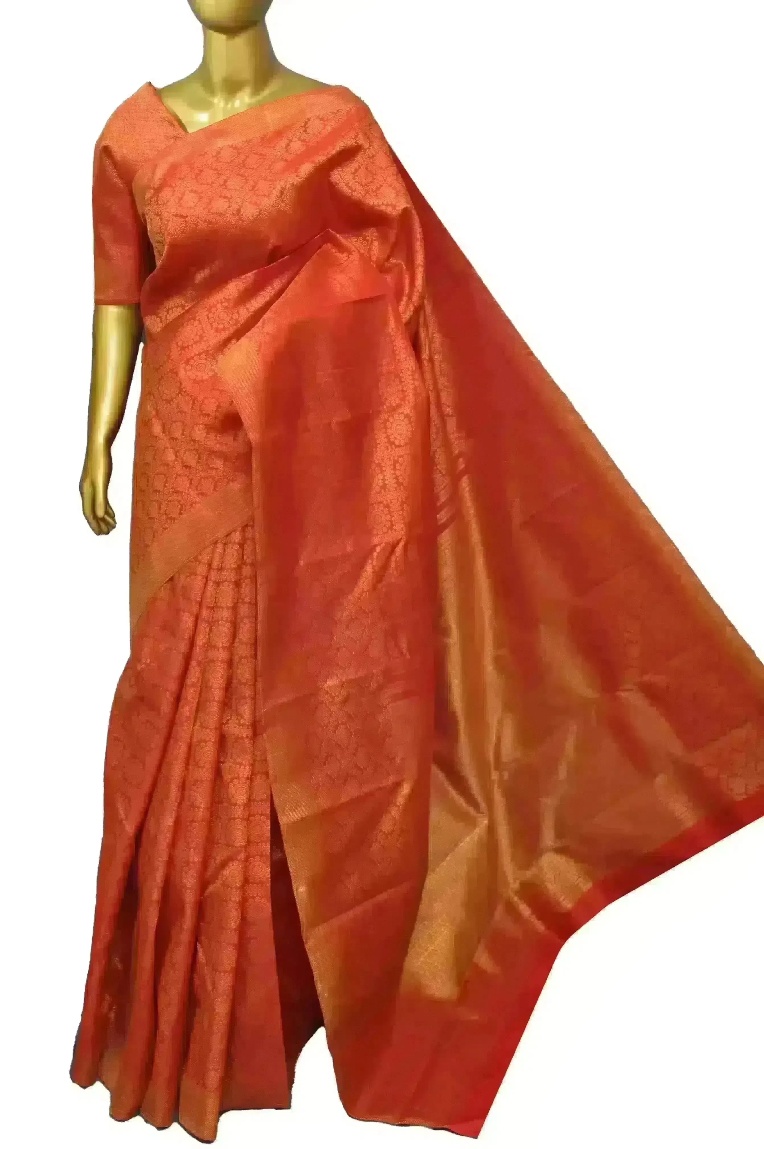 Tomato Red Color Kanjeevaram Silk Saree with Pure Gold Zari Weaving