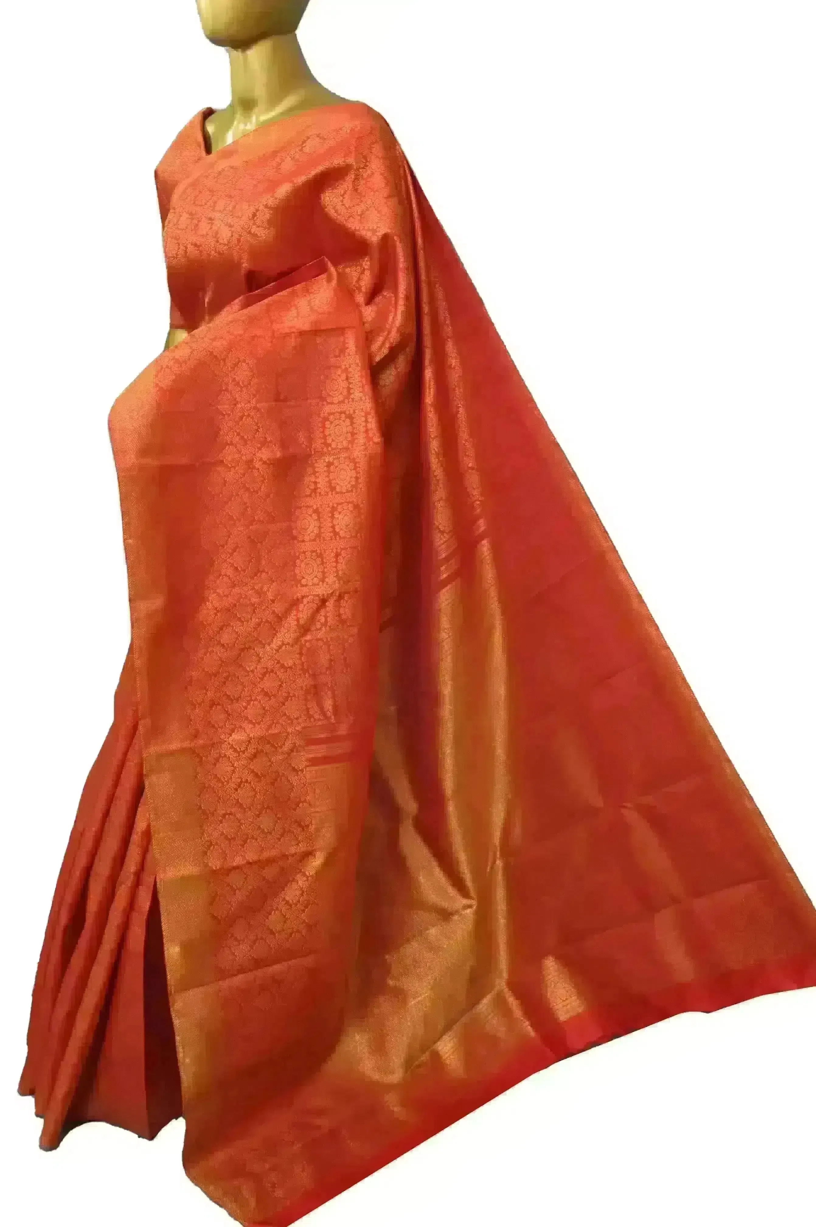 Tomato Red Color Kanjeevaram Silk Saree with Pure Gold Zari Weaving