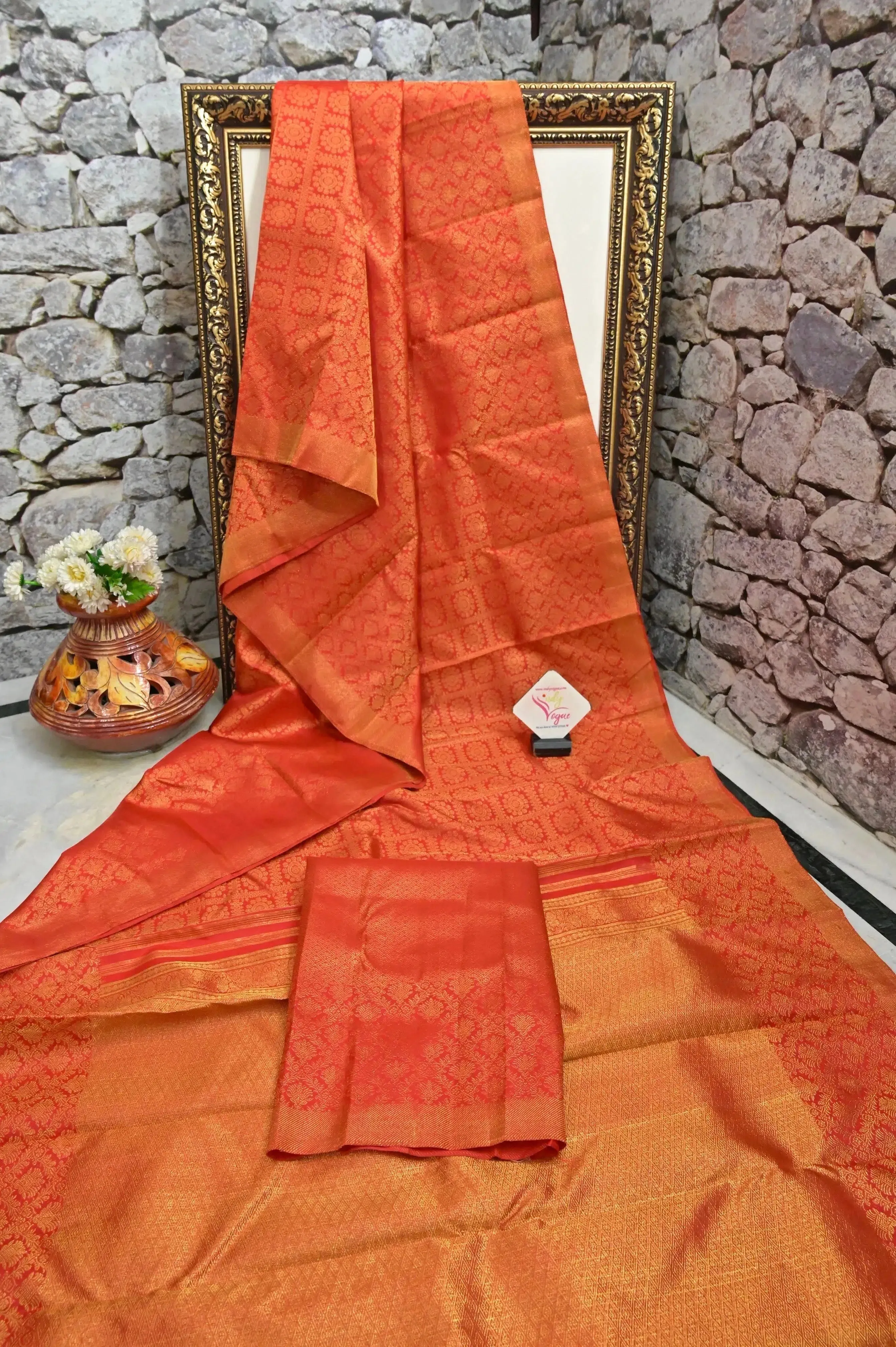 Tomato Red Color Kanjeevaram Silk Saree with Pure Gold Zari Weaving