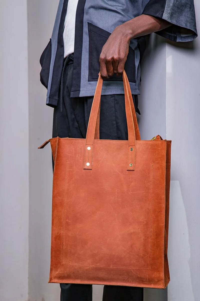 TUG Yugi Chestnut Leather Double Strap Tote Bag