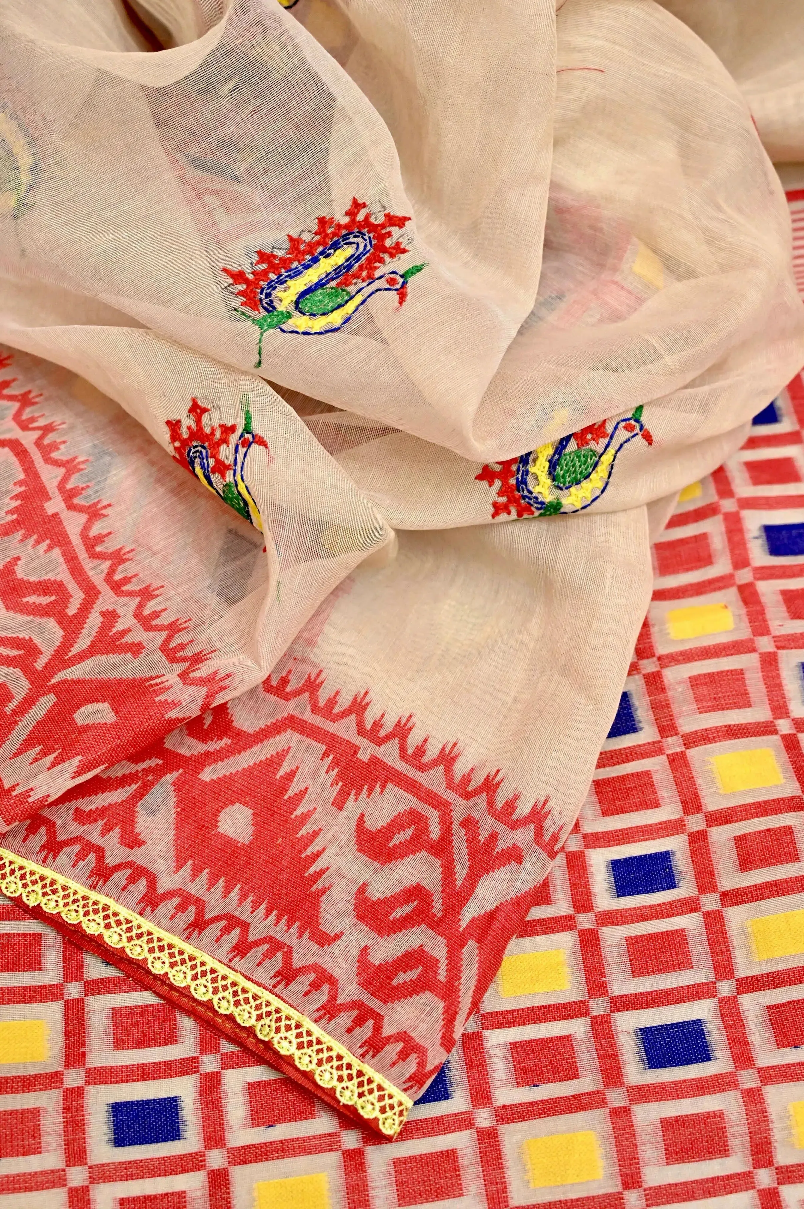 Tussar and Red Color Patli Pallu Jamdani Saree with Gujrati Hand Embroidery