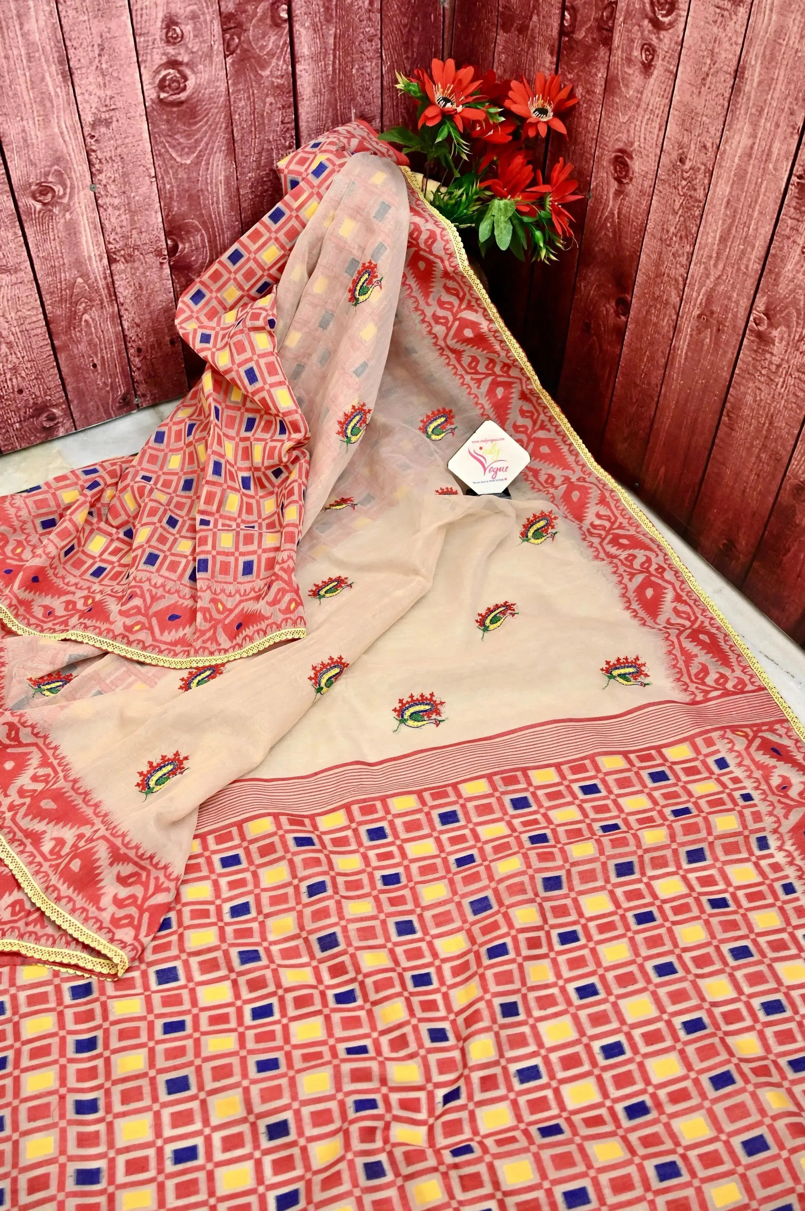 Tussar and Red Color Patli Pallu Jamdani Saree with Gujrati Hand Embroidery