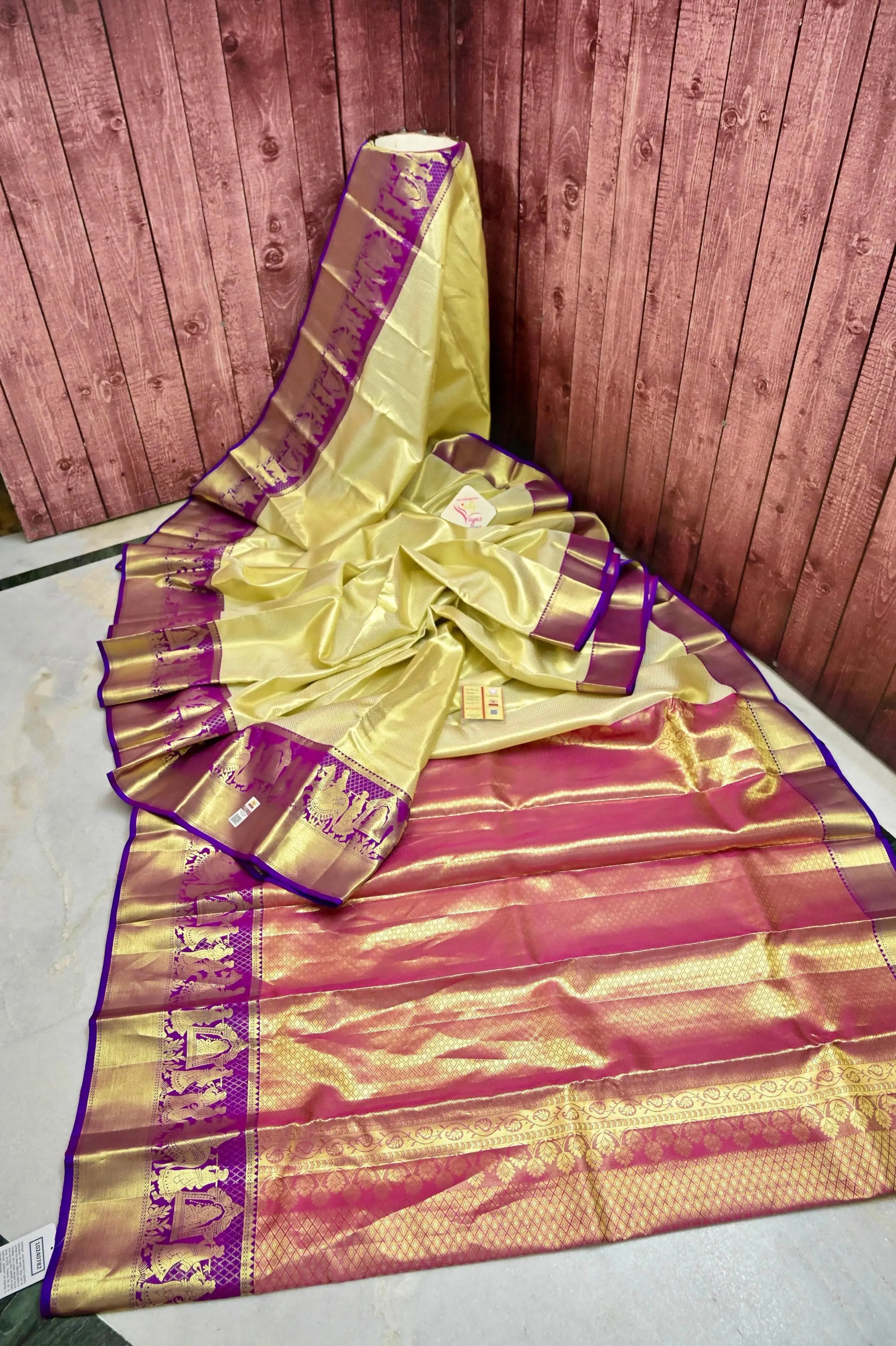 Tussar Yellow Color Pure Tissue Brocade Kanjeevaram Saree with Allover Brocade Work