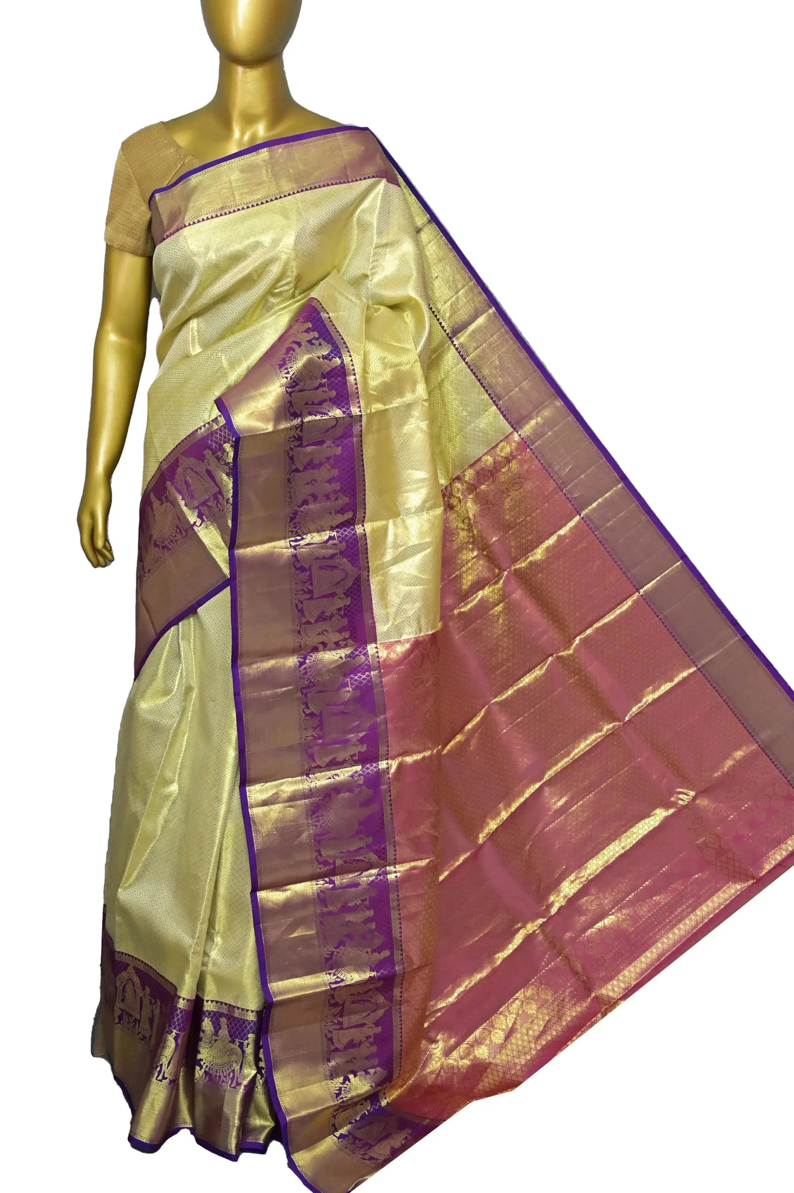 Tussar Yellow Color Pure Tissue Brocade Kanjeevaram Saree with Allover Brocade Work