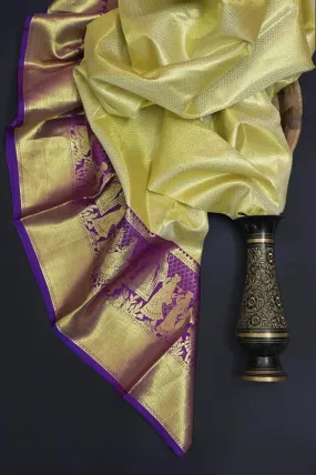 Tussar Yellow Color Pure Tissue Brocade Kanjeevaram Saree with Allover Brocade Work