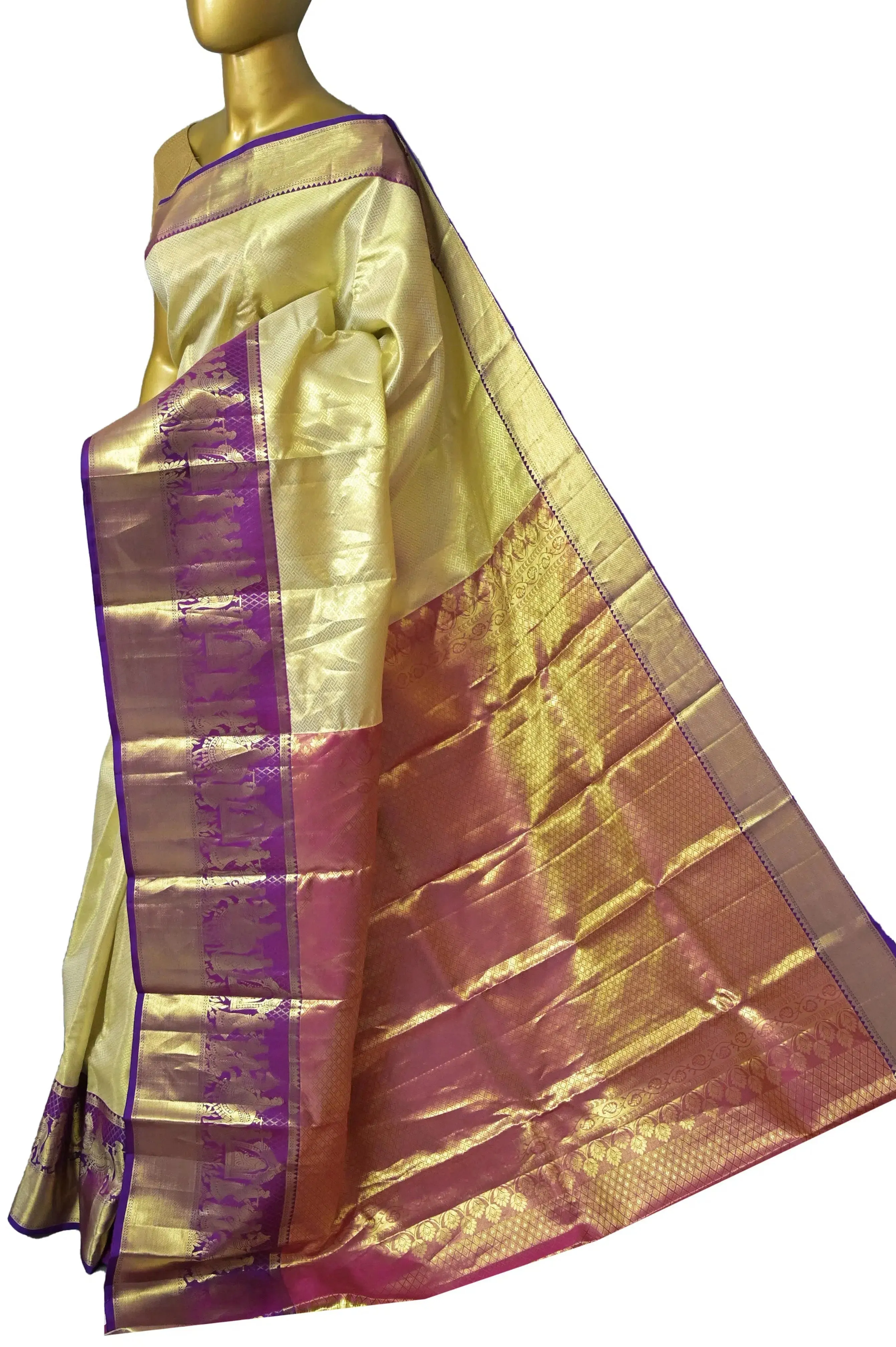 Tussar Yellow Color Pure Tissue Brocade Kanjeevaram Saree with Allover Brocade Work