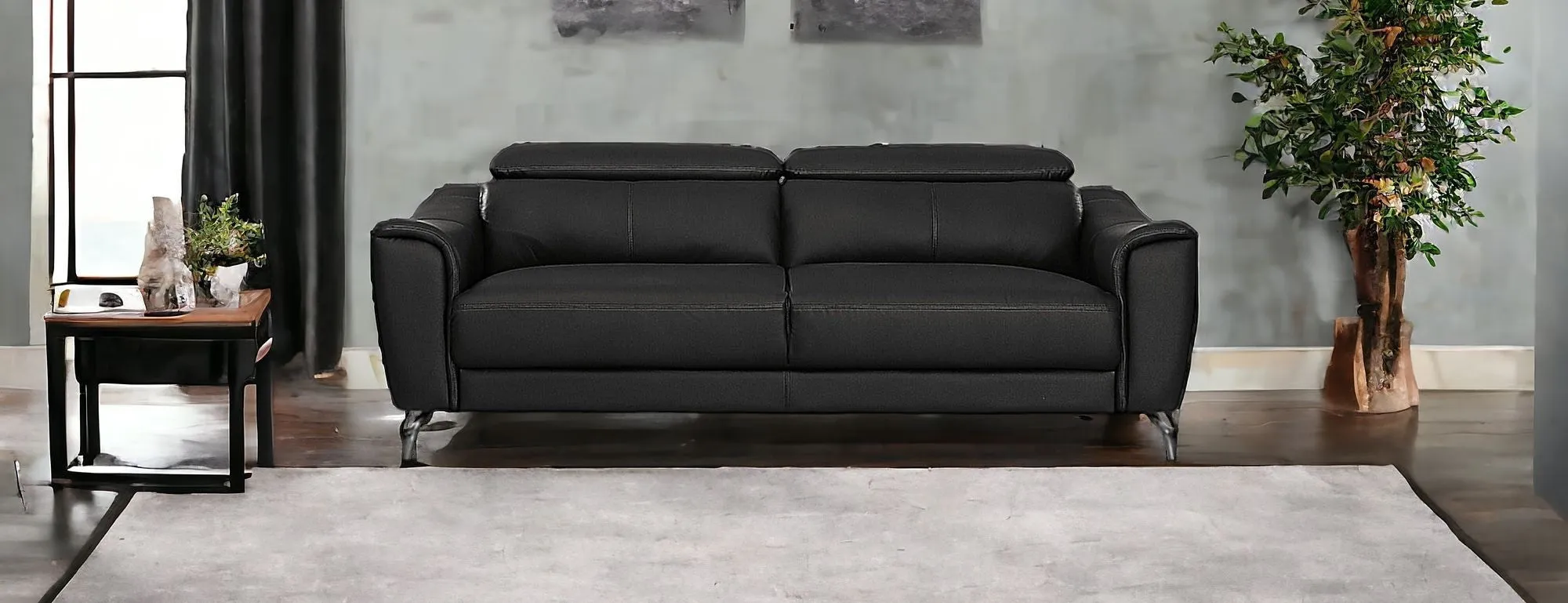 Urban 80 Black Leather Adjustable Headrest Sofa